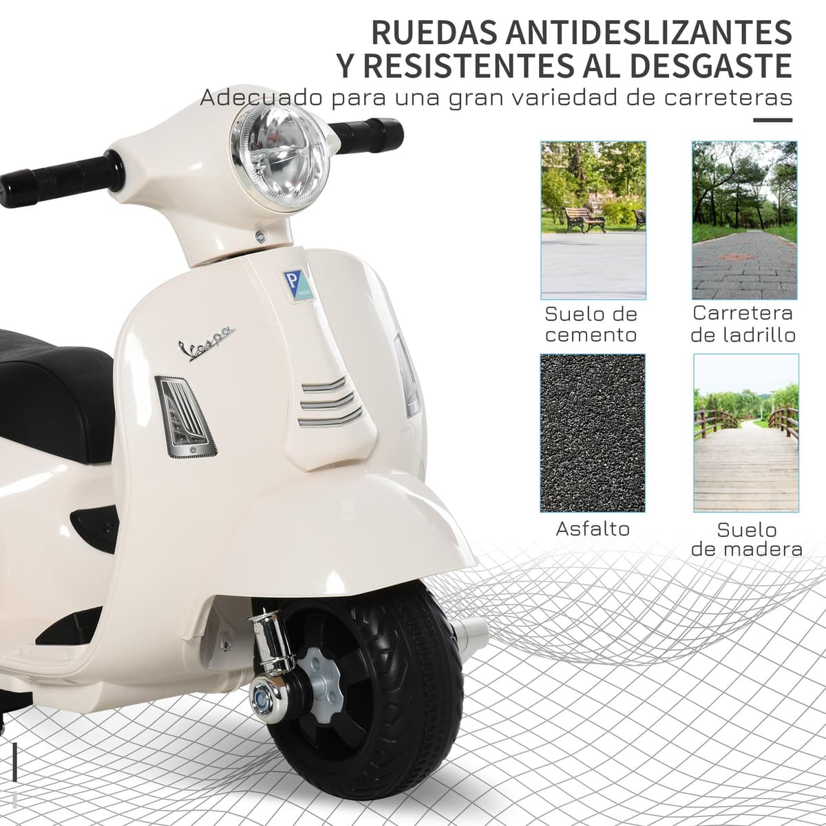 HOMCOM Moto Eléctrica Vespa para Niños de 18-36 Meses Moto de Batería 6V con Faro Bocina y 4 Ruedas Motocicleta Infantil con Licencia 66,5x38x52 cm Blanco — view 5