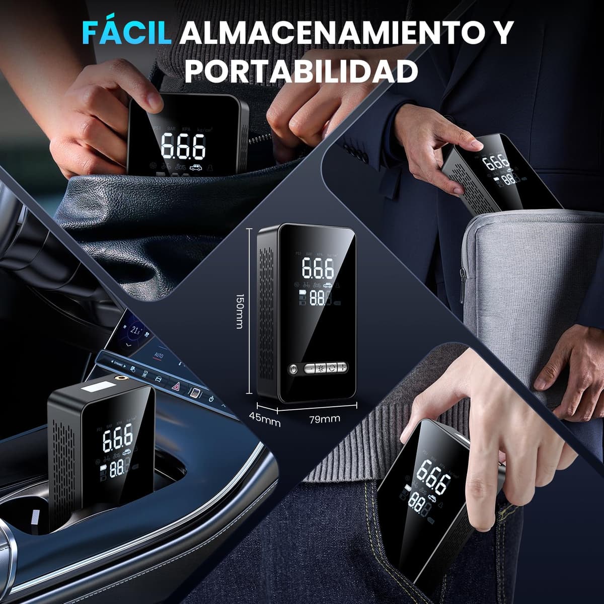 Inflador Ruedas Coche Compresor Aire Portatil - Inflador Electrico 150PSI con Función de Parada Automática, Hinchador Ruedas para Coche Moto Bicicleta Bola, Pantalla Digital y Luz LED, Nueva Versión — view 3