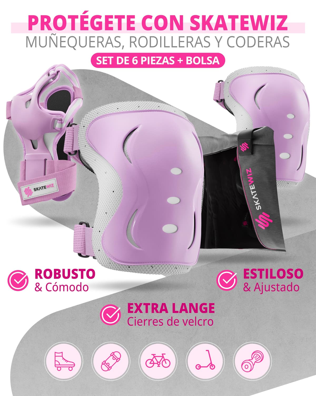 SKATEWIZ Protecciones Patines Set - Para Niño, Niña, Adolescentes y Adultos [6 piezas] con Rodilleras y Coderas Muñequeras - Protecciones Patines Niño — view 3