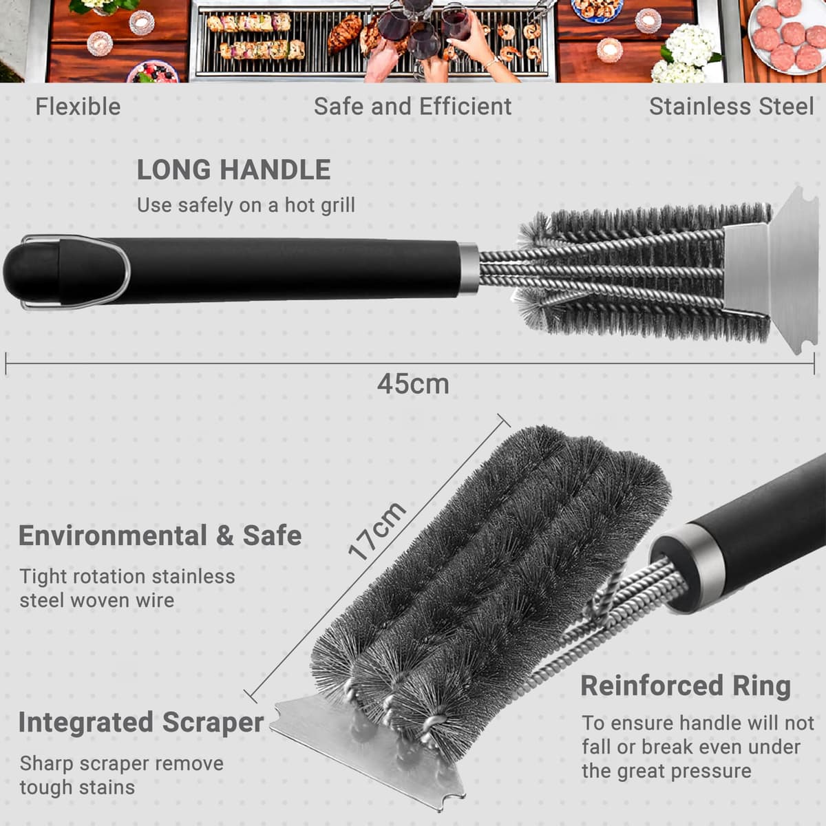 BBQ Grill Cleaning Brush with Stainless Steel Scraper, Heavy Duty Wire Bristles & Long Handle, 2-in-1 Barbecue Cleaner for Gas, Charcoal & Electric Grill, BBQ Cleaning Brush Set with Bonus Brush — view 4