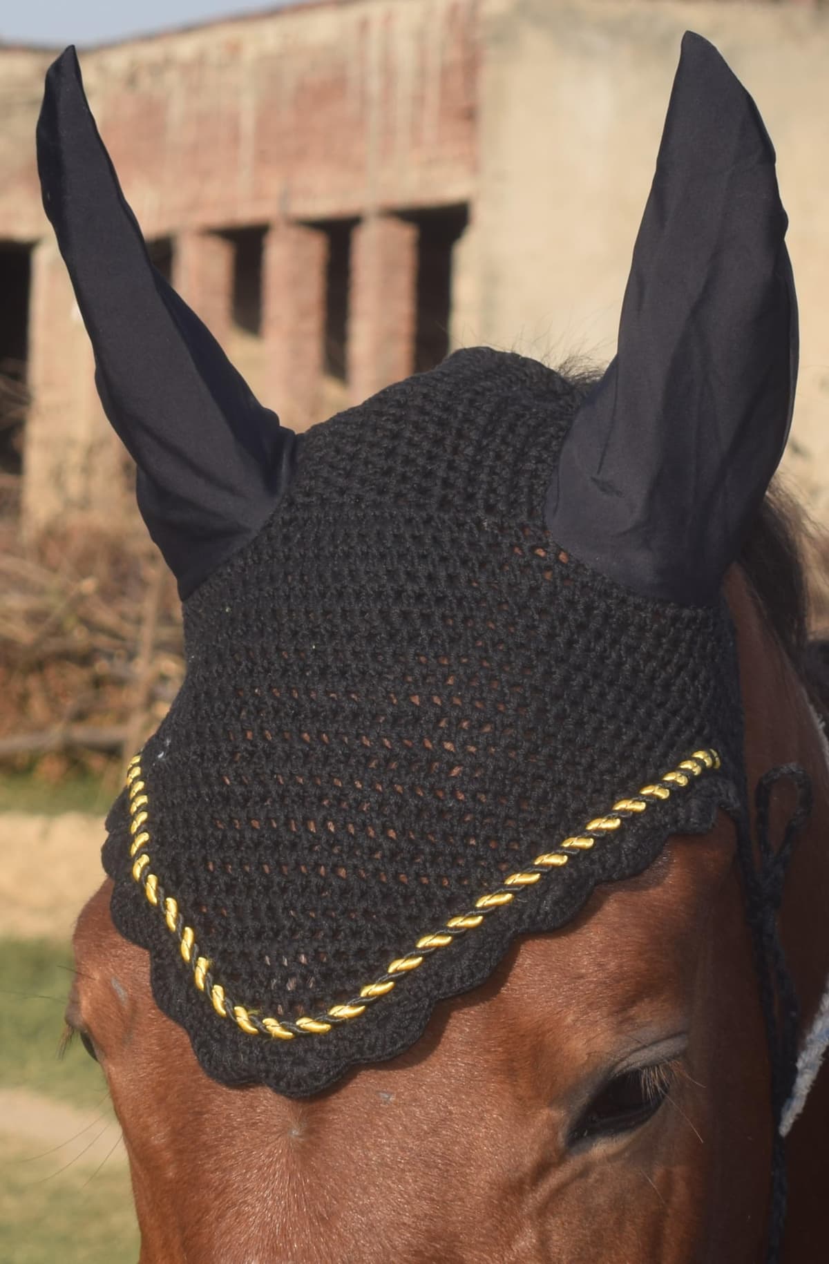 ZAINEE HORSE FLY VEIL EAR BONNET NET BREATHABLE COTTON HAT EQUESTRIAN (Pony, Black) — view 6
