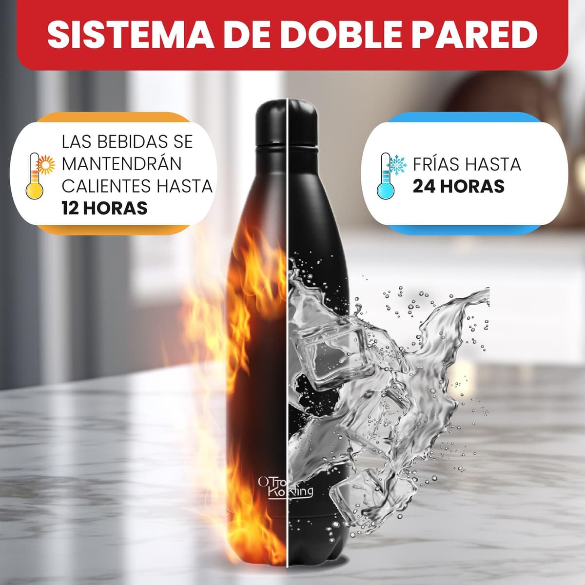 Botella Agua Acero Inoxidable 1 Litro-Otto Koning- Botella Térmica con Doble Aislamiento al vacío para 12 Horas de Bebida Caliente y 24 Horas de Bebida Fría. Termo a Prueba de Fugas sin BPA — view 7