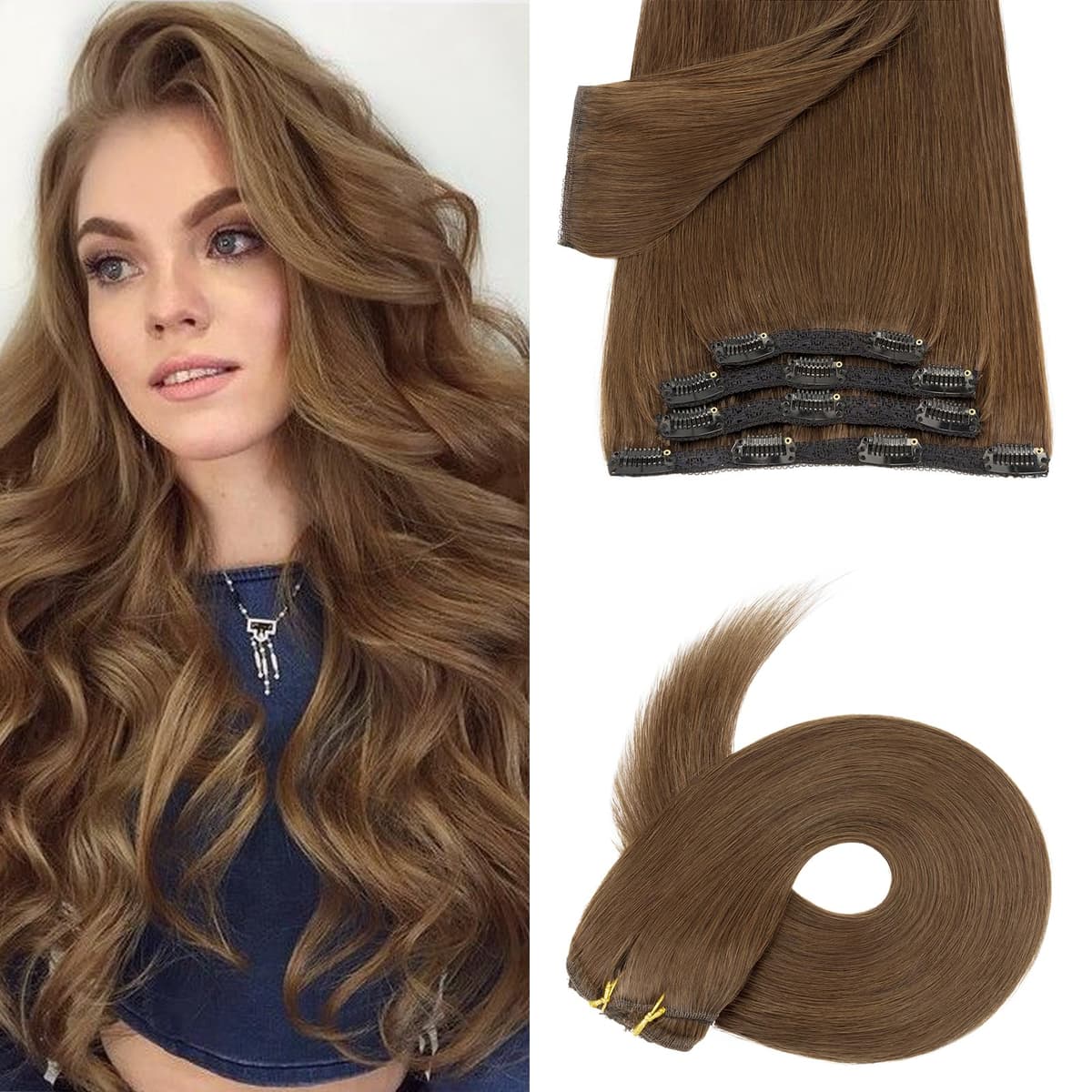 Silk-co 10inch Hair Extensions Clip in Hair Extension Human Hair #04 Medium Brown -Basic Thickness-Thin Weft- 8 Pieces Real Remy Straight Hair Extensions[50g] — view 123