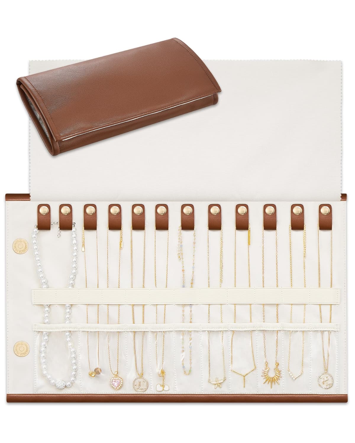 Lolalet Organizador de Collares de Viaje Antienredos, Bolsa de Joyas de Cuero Plegable y Enrollable para Collares, Cadenas y Pulseras - Blanco Crema, 18 Compartimentos — view 10