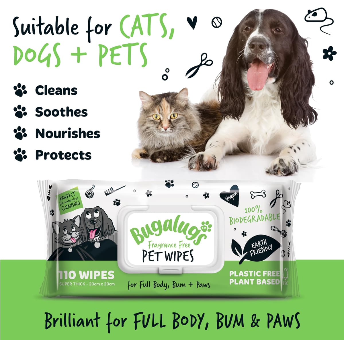 BUGALUGS Dog Wipes, 100% Plastic Free Biodegradable pet wipes for full body, eye wipes, ear wipes, bum & paws. 110 sensitive dog grooming wipes for dogs, puppy & cat grooming (Fragrance Free) — view 2