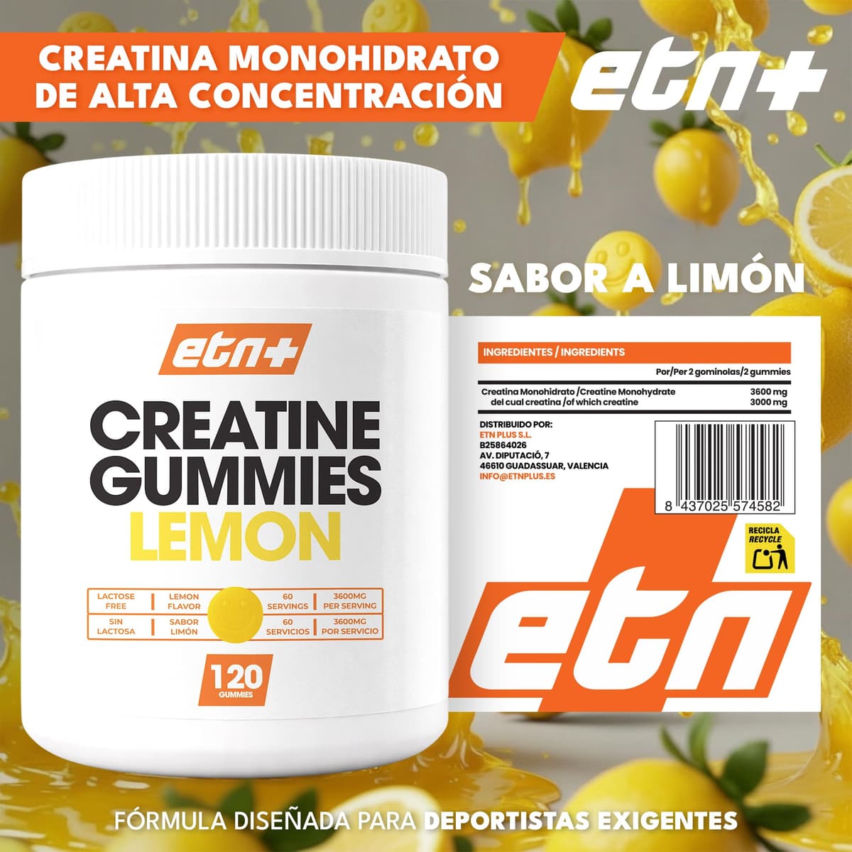 ETN+ Gominolas de Creatina Monohidratada 3600mg | 120 Gummies – 60 Servicios (2 meses) | Sin Azúcar, Sin Gluten | Alternativa Cómoda a la Creatina en Polvo | Ingredientes de Origen Natural | Limón — view 2