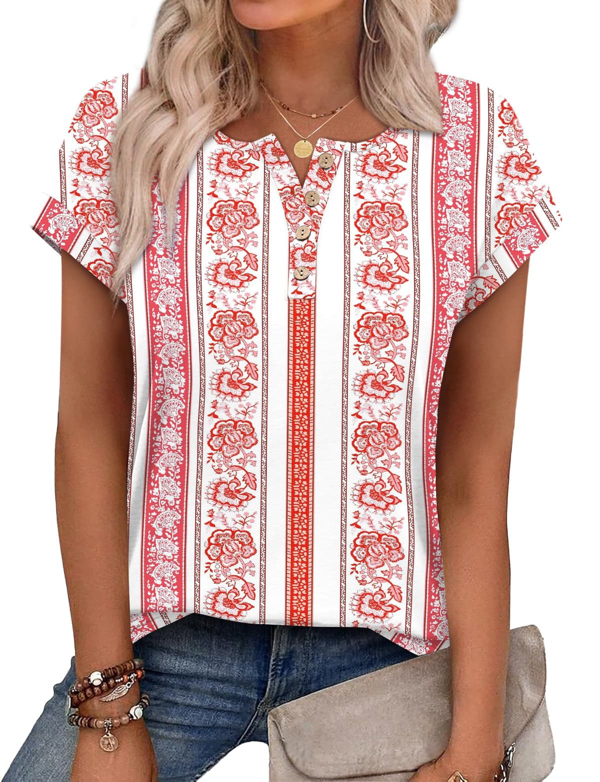Aokosor Womens Summer Tops Floral Printed Short Capsleeve Shirts Crew Neck Cute Fashion Dressy Tunic Blouses for UK — view 21