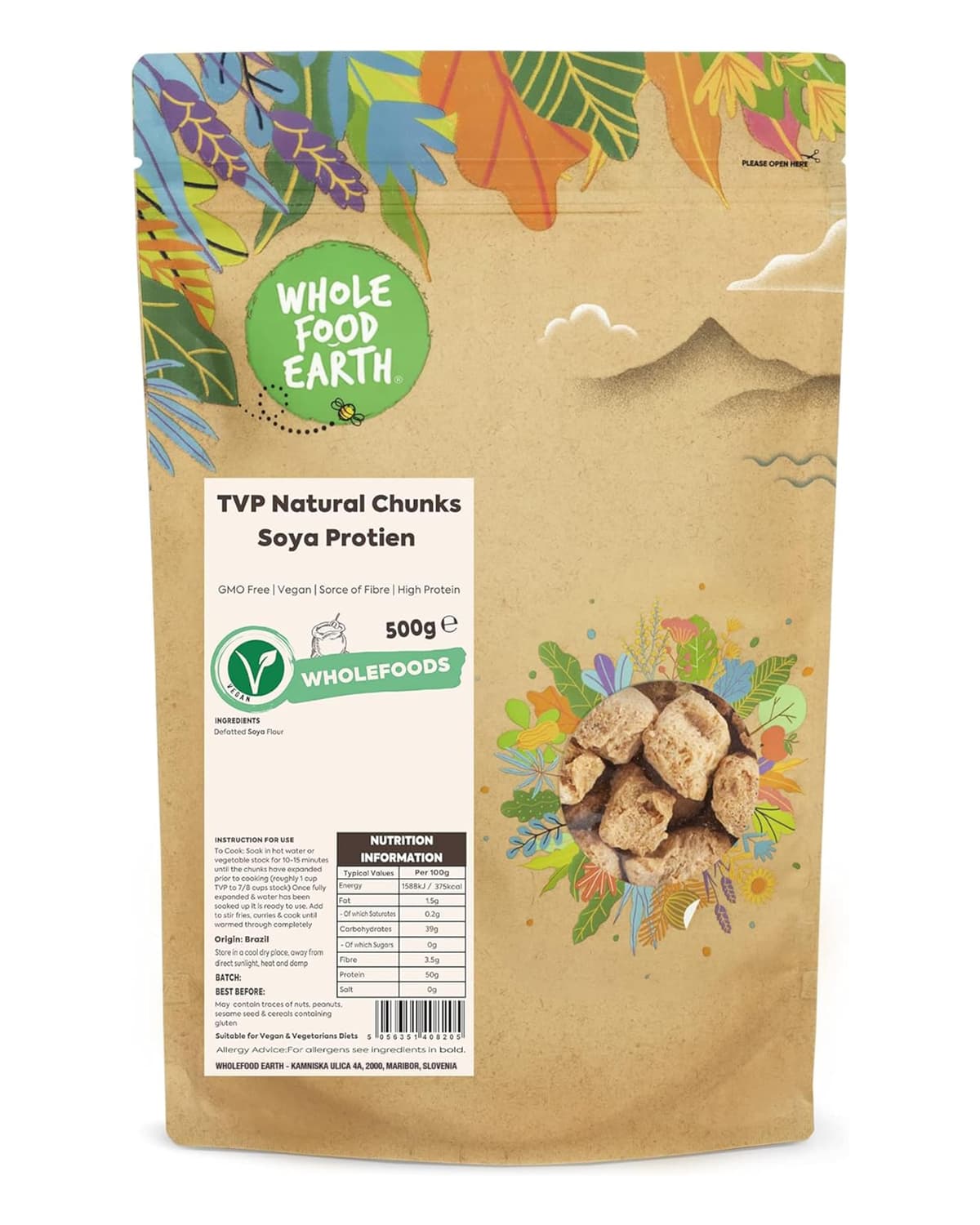 Wholefood Earth TVP Natural Chunks Soya Protien 500 g | Libre de OGM | Tipo de fibra | Alto en proteínas
