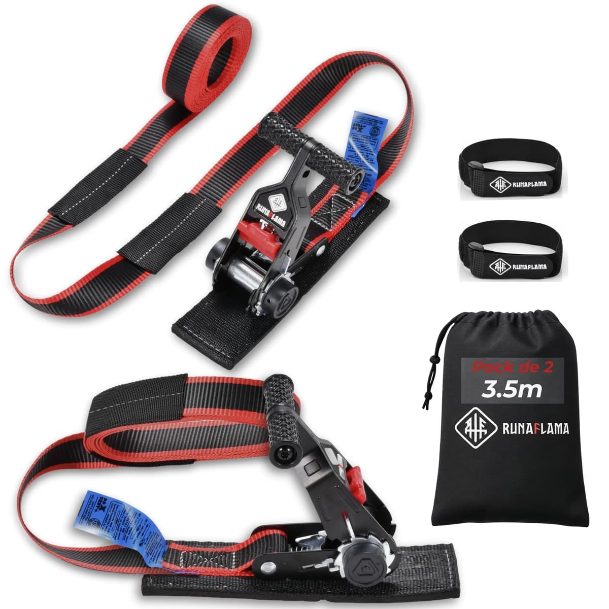 RUNAFLAMA - Cinchas de Amarre Carraca con Protección - Eslingas de Carga para Baca Coche, Surf, Kayak, Paddle - Trinchas de Sujeción a Portabicicletas - F. Rotura 1600 kgf/Cinta - 2 Correas de 3,5m