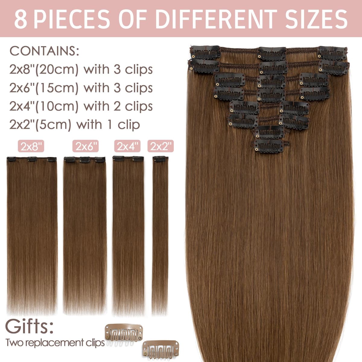 Silk-co 10inch Hair Extensions Clip in Hair Extension Human Hair #04 Medium Brown -Basic Thickness-Thin Weft- 8 Pieces Real Remy Straight Hair Extensions[50g] — view 129