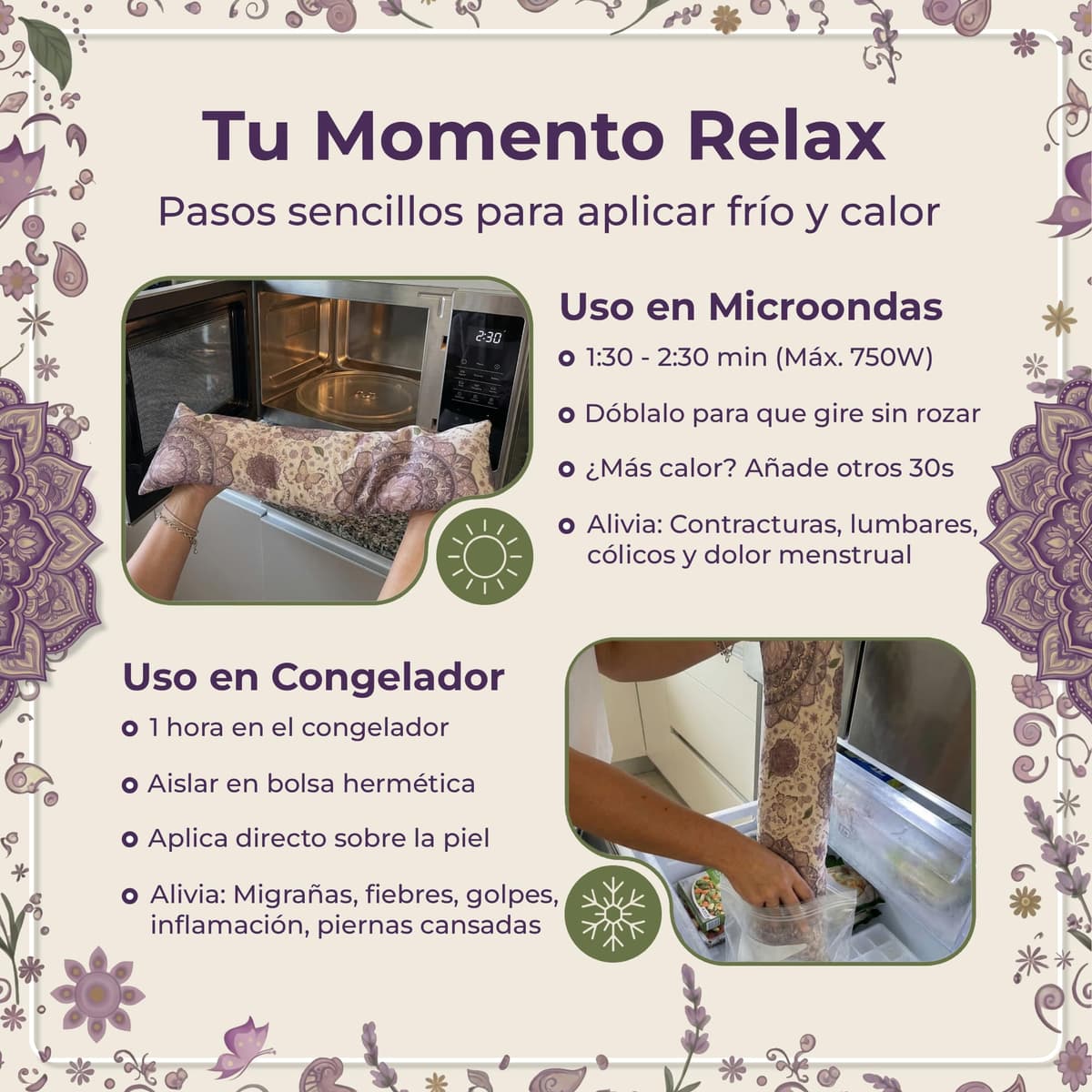 Saco Semillas Microondas Termico 45x14cm Aroma Lavanda - Bolsa Semillas Calor Microondas - Cojin para Dolor Cervical y Lumbar - Saquito Menstrual - Almohadilla Calor y Frio - Hecho a Mano (Mandala) — view 4