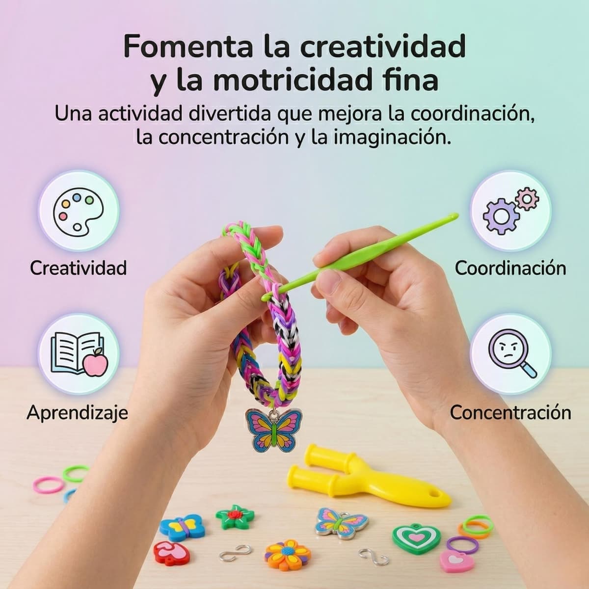 Kit gomas para hacer pulseras de 2000 piezas | Kit pulseras de 24 colores ideal para niña con abalorios y herramientas | Set creativo con cuentas para hacer pulseras, manualidades y regalo original — view 4