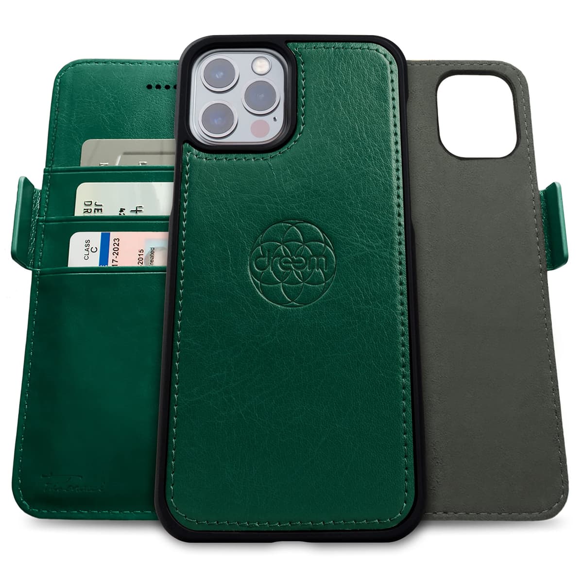 dreem Fibonacci 2-in-1 Wallet Case for Apple iPhone 12 & 12 Pro - Luxury Vegan Leather, Magnetic Detachable Shockproof Phone Case, RFID Card Protection, 2-Way Flip Stand - Green