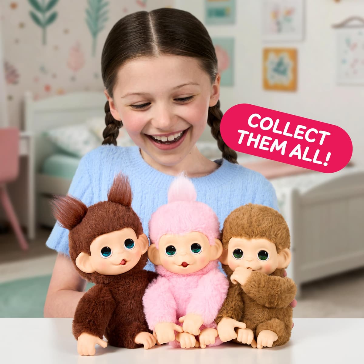 Little Live Pets Baby Monkey Minis – Luna Lemon. Interactive Pet Toy. 20+ Sounds & Reactions. Soft Pink Fur. 7.4" Tall. Feed, Nurture. React. Grippy Hands & Feet. Collect All 3 — view 9