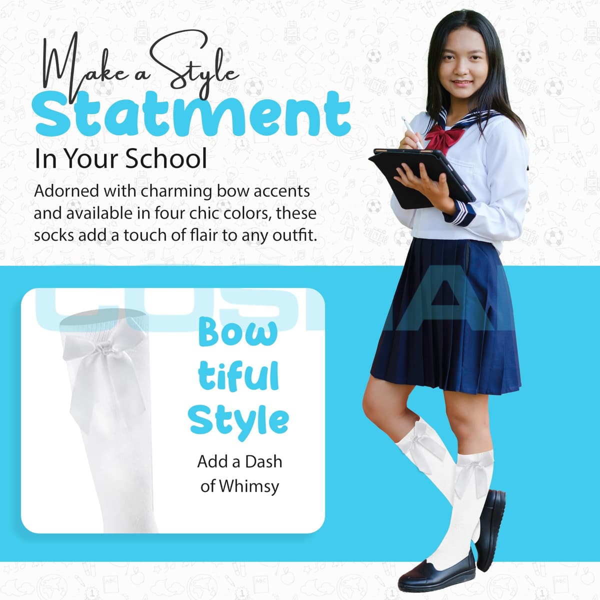 COSHAL® 3 Pairs Girls Knee High School Socks Cotton Socks with Fluffy Ribbons Bow, Back to School Socks Uniform Party Wear Long Socks Girls Bow Knee High School Socks — view 5