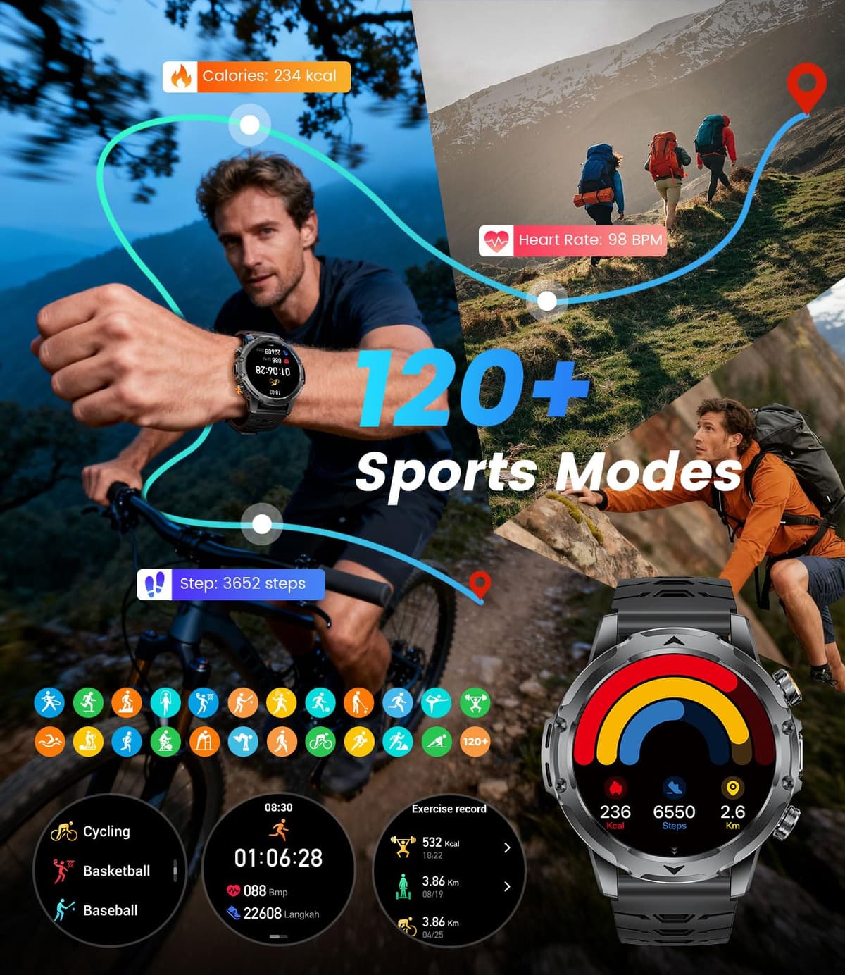 FitVigor Military Smart Watch for Men, 1.53" Fitness Tracker with 1000 mAh Ultra-Long Battery/Flashlight/Bluetooth Calling/Health Monitor / 120+ Sports Modes / IP68 Waterproof for iOS Android, Black — view 7
