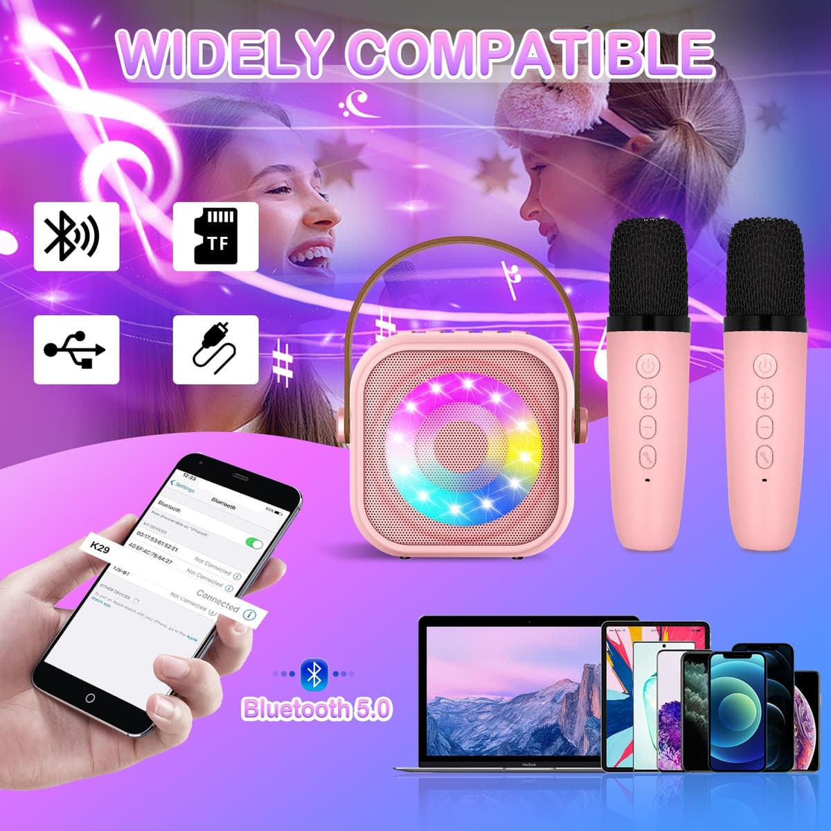 Karaoke 2 Microfonos, Karaoke Máquina para Niños y Micrófonos Inalámbricos, Altavoz Bluetooth Portátil para Adultos y Niñas, Regalo para Fiestas en Casa/Regalos/Juguetes — view 3
