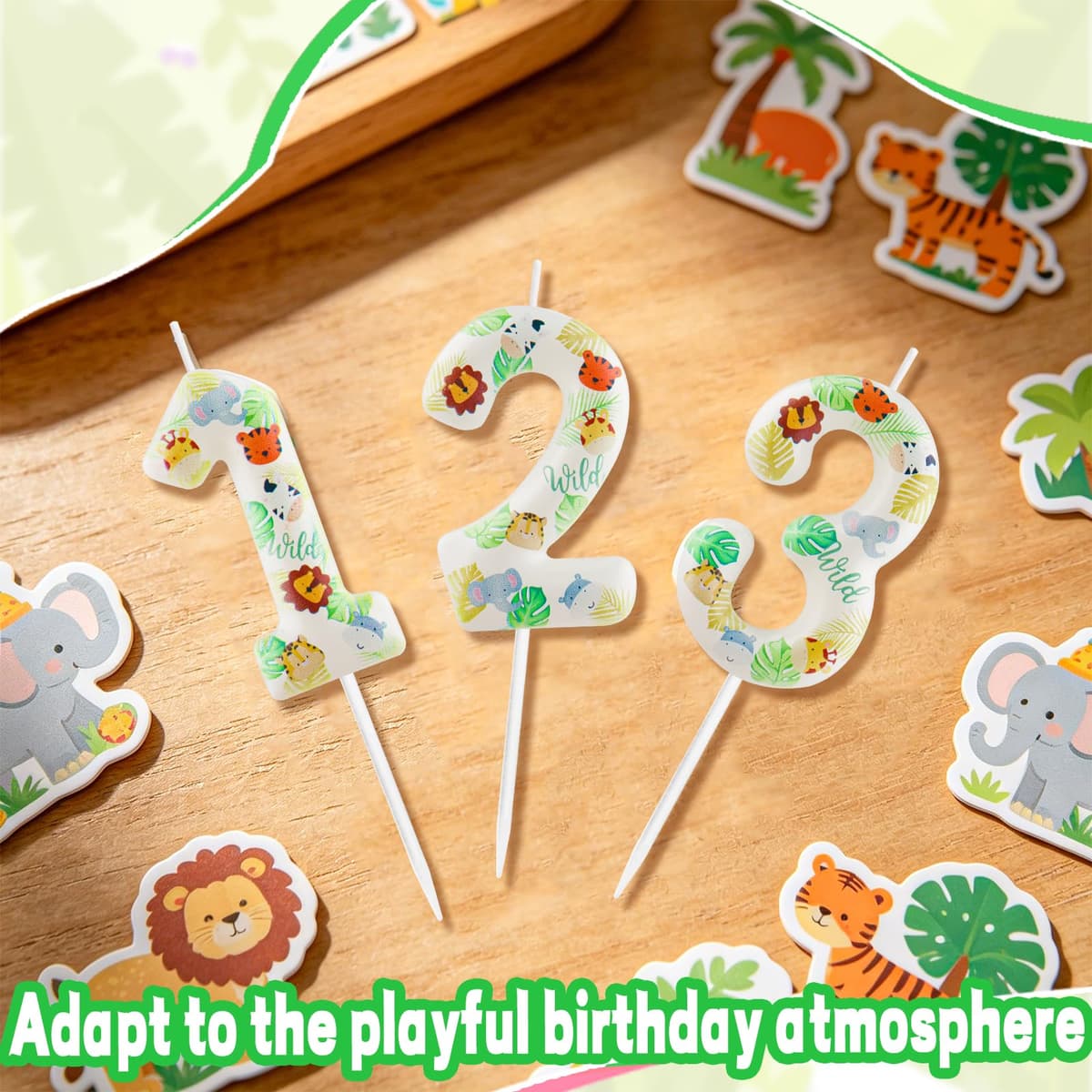Yiran Safari Animal Number 2 Birthday Candle, Wild One Jungle Themed Cake Topper, Tropical Palm Leaf Party Decorations for 2nd Birthday Boys Girls Baby Shower — view 4
