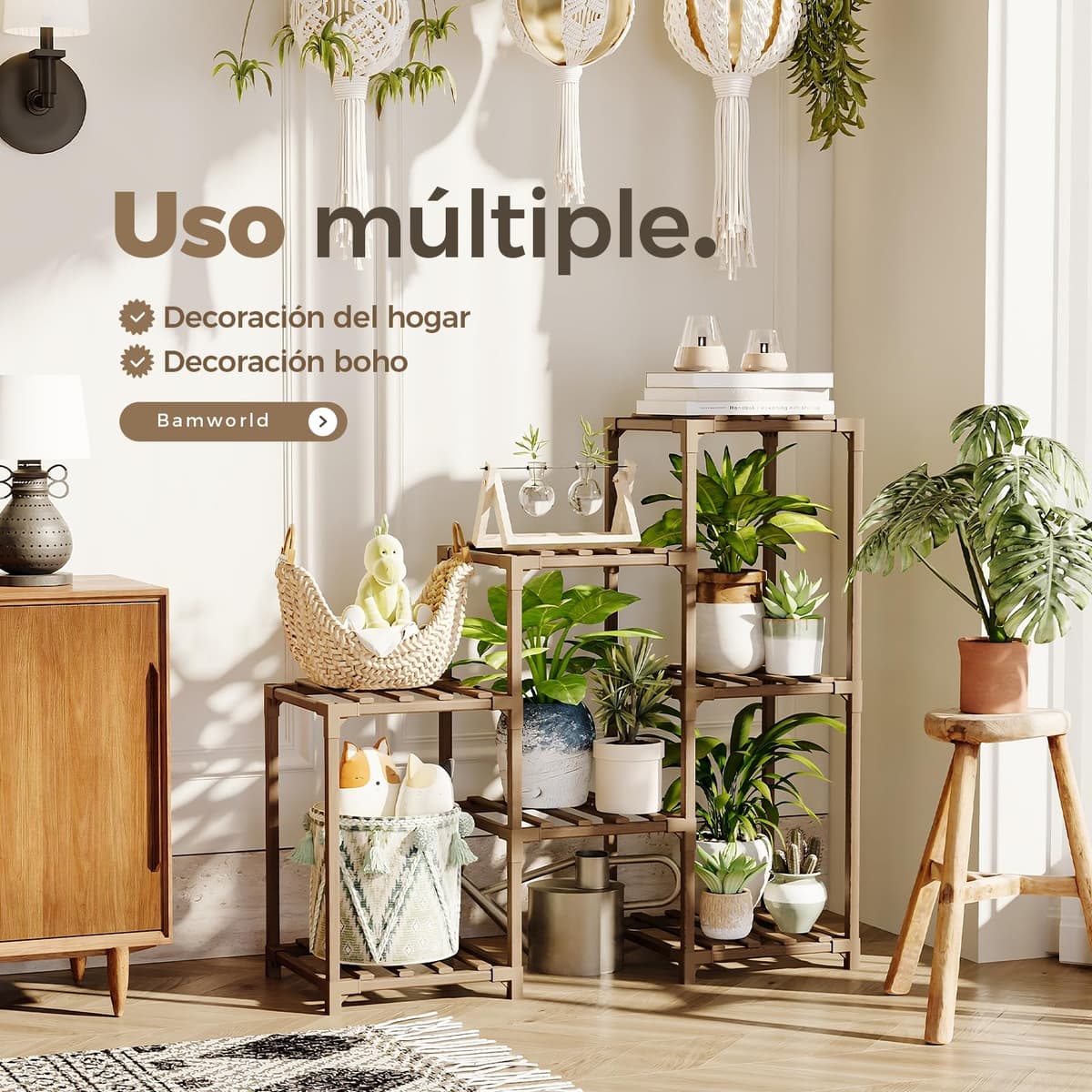 Bamworld Soportes para plantas de interior, estante escalonado de madera para plantas al aire libre para múltiples plantas,3 neumáticos,7 escalera, soporte para plantas,mesa para ventana,jardín,balcón — view 2