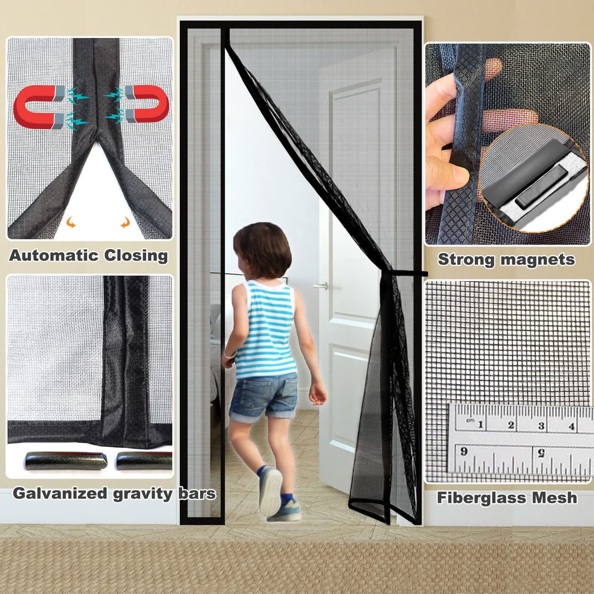 Risareyi Mosquitera Puerta Magnetica 180x210cm, Apertura Lateral Cortina Magnética Puerta Exterior Corredera para Balcon, Mosquitera con Imanes de Malla de Fibra de Vidrio Antimosquitos, Negro — view 4