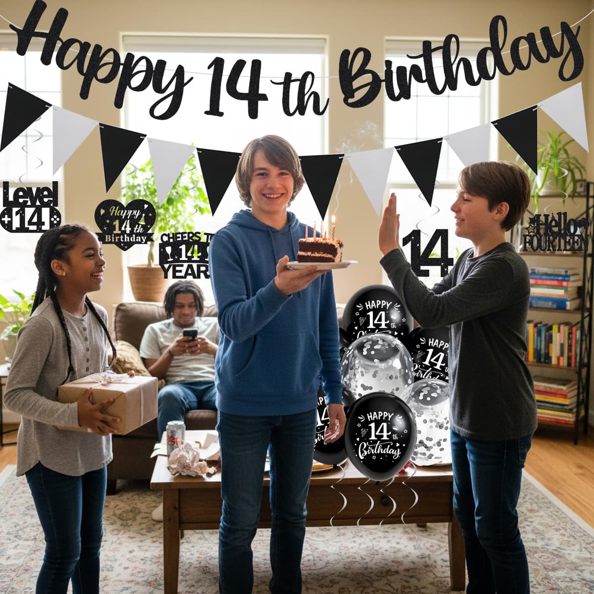 14th Birthday Decorations for Boys Girls - Black Silver Glitter Happy 14th Birthday Letter Banner and Pennant Flags, Number 14 Foil Balloons and Hanging Swirls for 14 Years Old Children Party Supplies — view 5