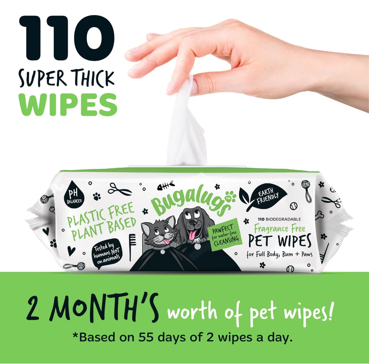 BUGALUGS Dog Wipes, 100% Plastic Free Biodegradable pet wipes for full body, eye wipes, ear wipes, bum & paws. 110 sensitive dog grooming wipes for dogs, puppy & cat grooming (Fragrance Free) — view 3
