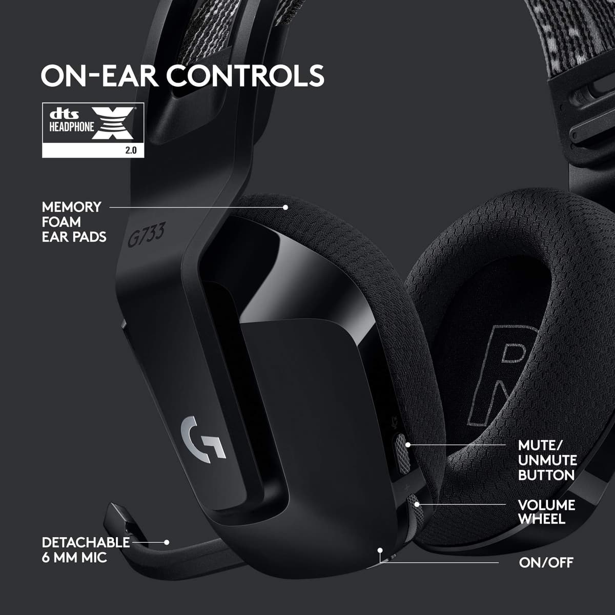 Logitech G733 Lightspeed Wireless RGB Gaming Headset, Black — view 5