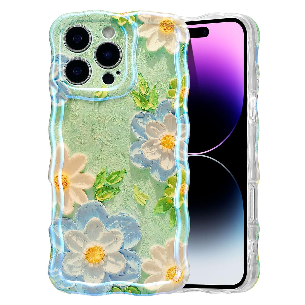 EYZUTAK Case for iPhone 16, Colorful Retro Oil Painting Printed Flower Laser Glossy Pattern Cute Curly Wave Edge Exquisite Phone Cover Stylish Durable TPU Protective Case for Girl Women-Green — view 12