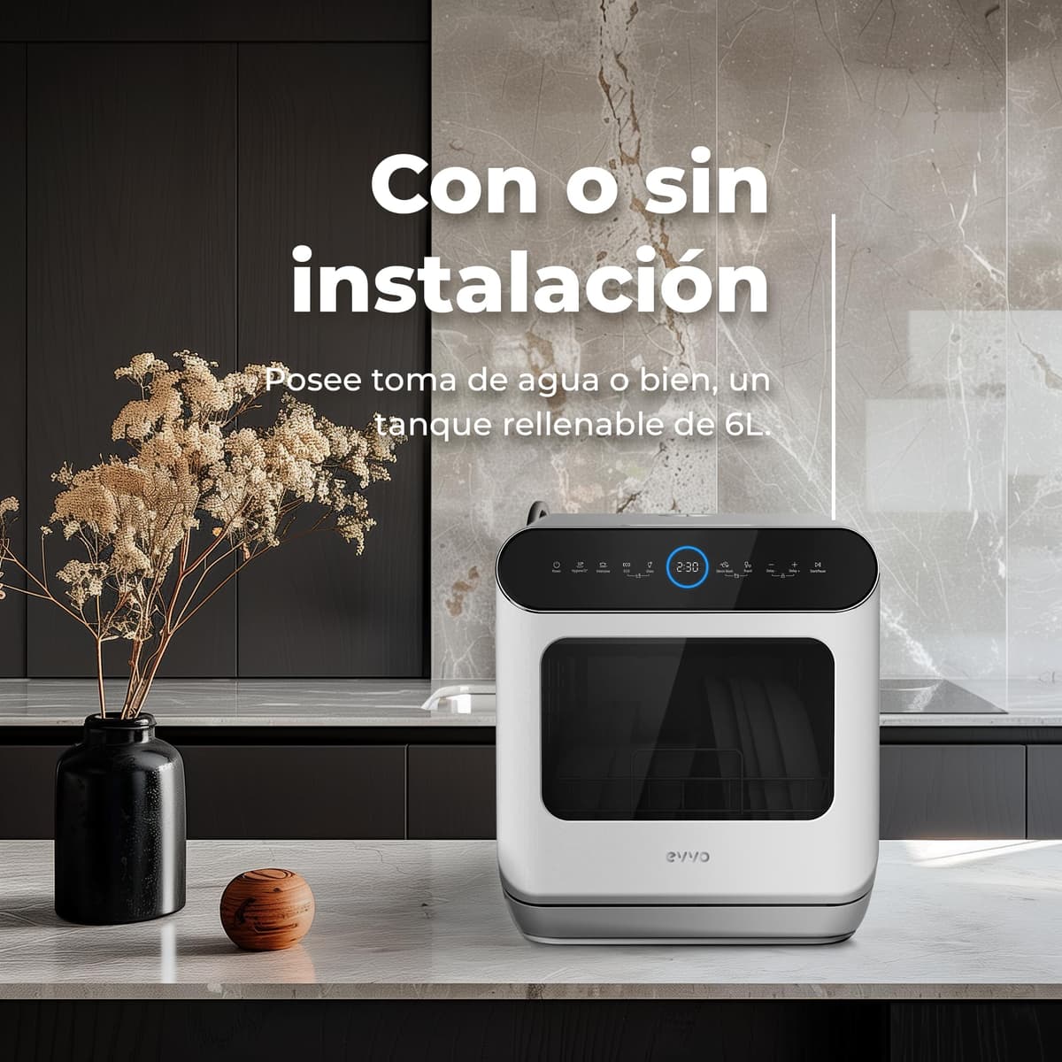 EVVO Lavavajillas Tamaño Pequeño Compacto y Sin Instalación, Para Sobremesa o Encimera, 3 Servicios, 6 Pogramas, Secado Extra, Programa ECO, Programa Autolavado, Programable, Mini D Trip 2 (Blanco) — view 3