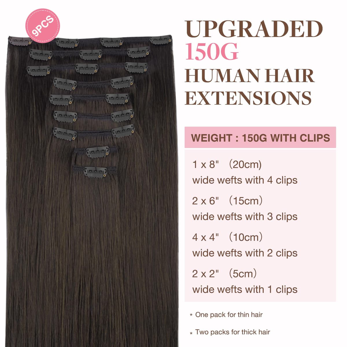 GOO GOO Clip in Hair Extensions Human Hair, 18inch 150g 9Pcs, #2 Dark Brown, Hair extensions for women, Human Hair Extensions Clip in — view 60