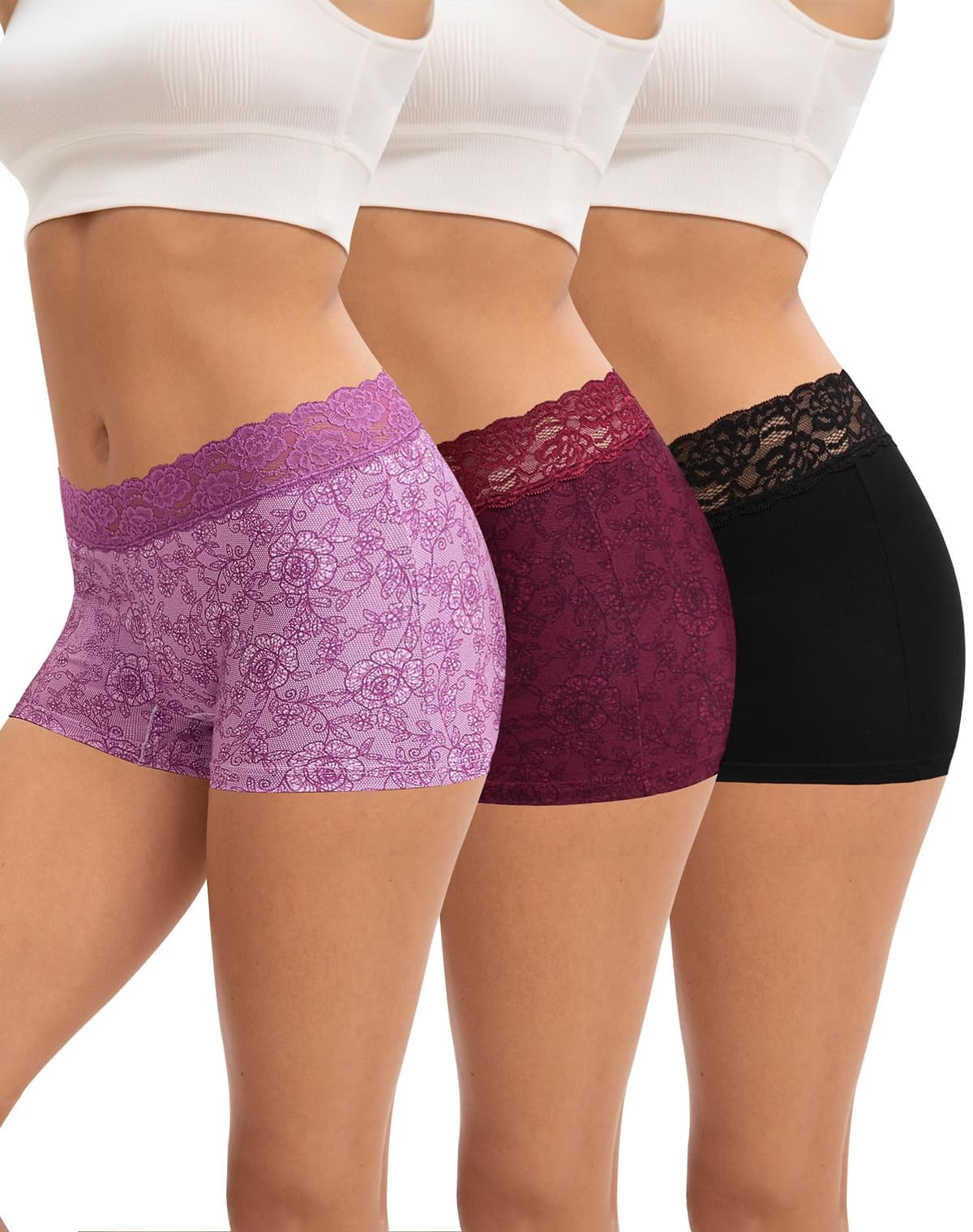 INNERSY Boxer Shorts Women Cotton Ladies Boxers Underwear Mid-rise Lace Boyshort Panties Pack of 3