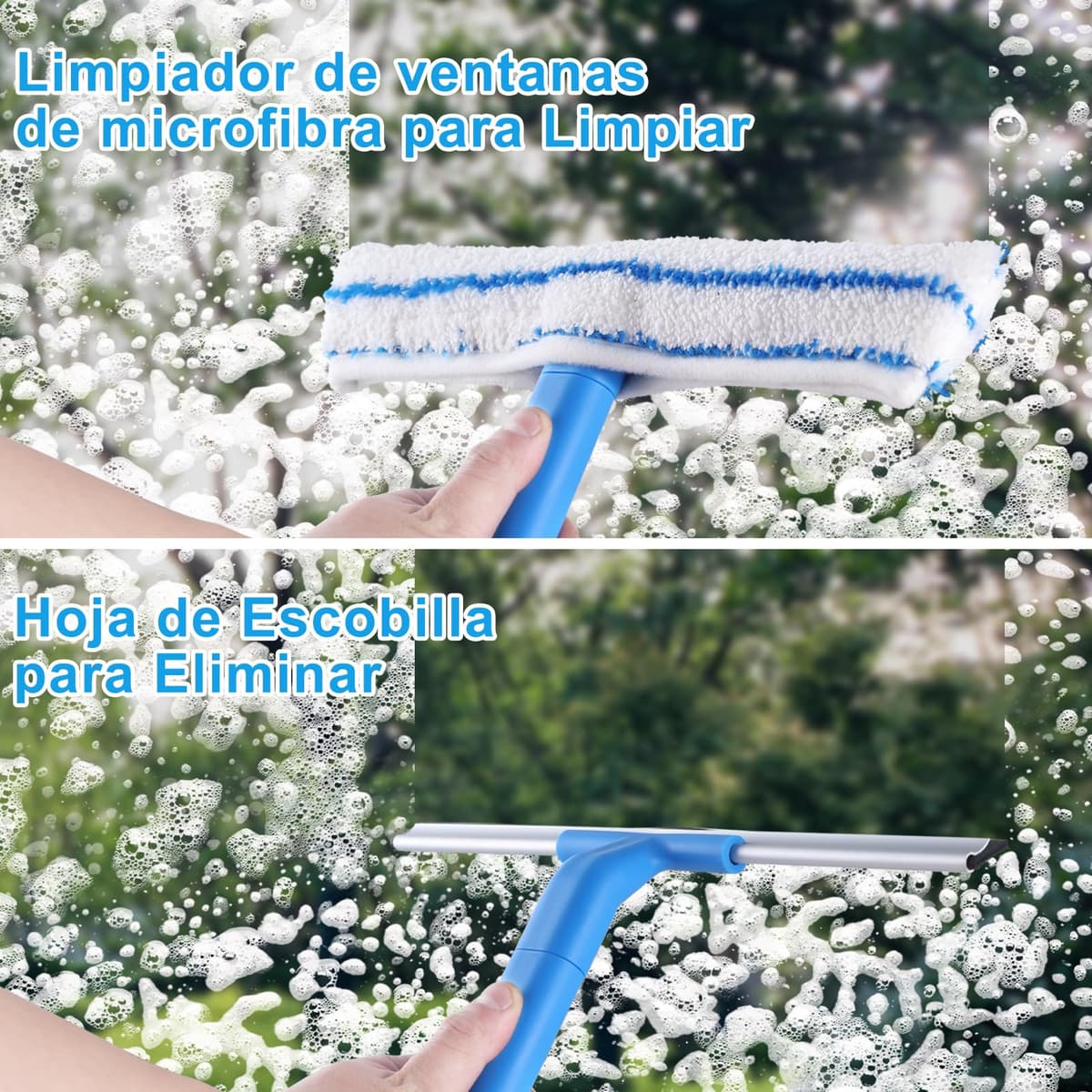 Mitclear Limpiacristales con Mango Extensible(146cm), Limpiador de Ventanas con Escobilla de Silicona & Paños de Microfibra, Kit Limpiacristales Profesional para Ducha Cristal Espejo Puerta Coche — view 3