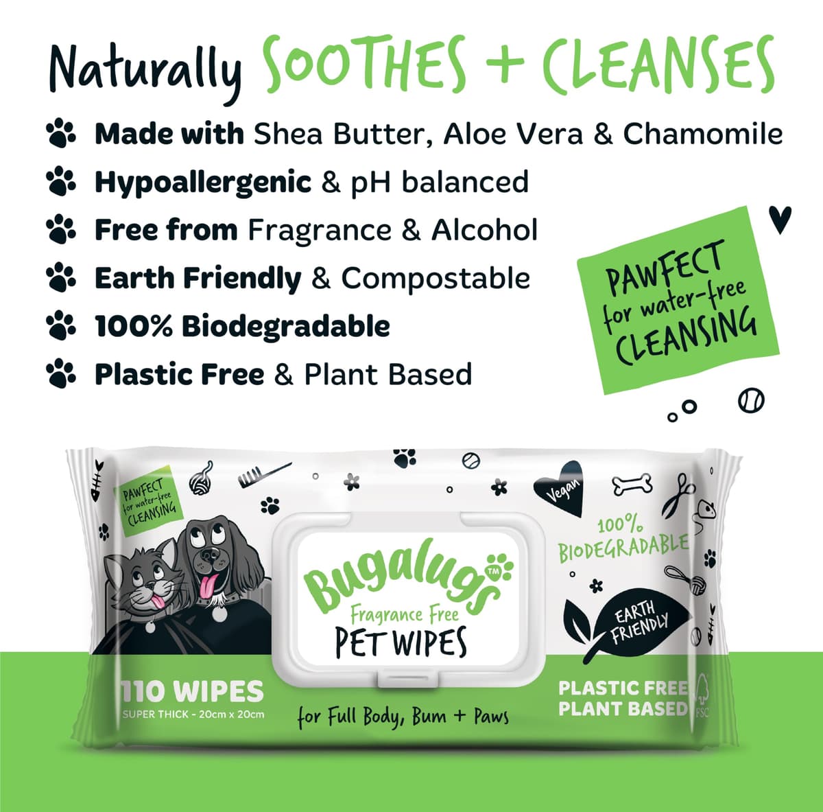 BUGALUGS Dog Wipes, 100% Plastic Free Biodegradable pet wipes for full body, eye wipes, ear wipes, bum & paws. 110 sensitive dog grooming wipes for dogs, puppy & cat grooming (Fragrance Free) — view 4
