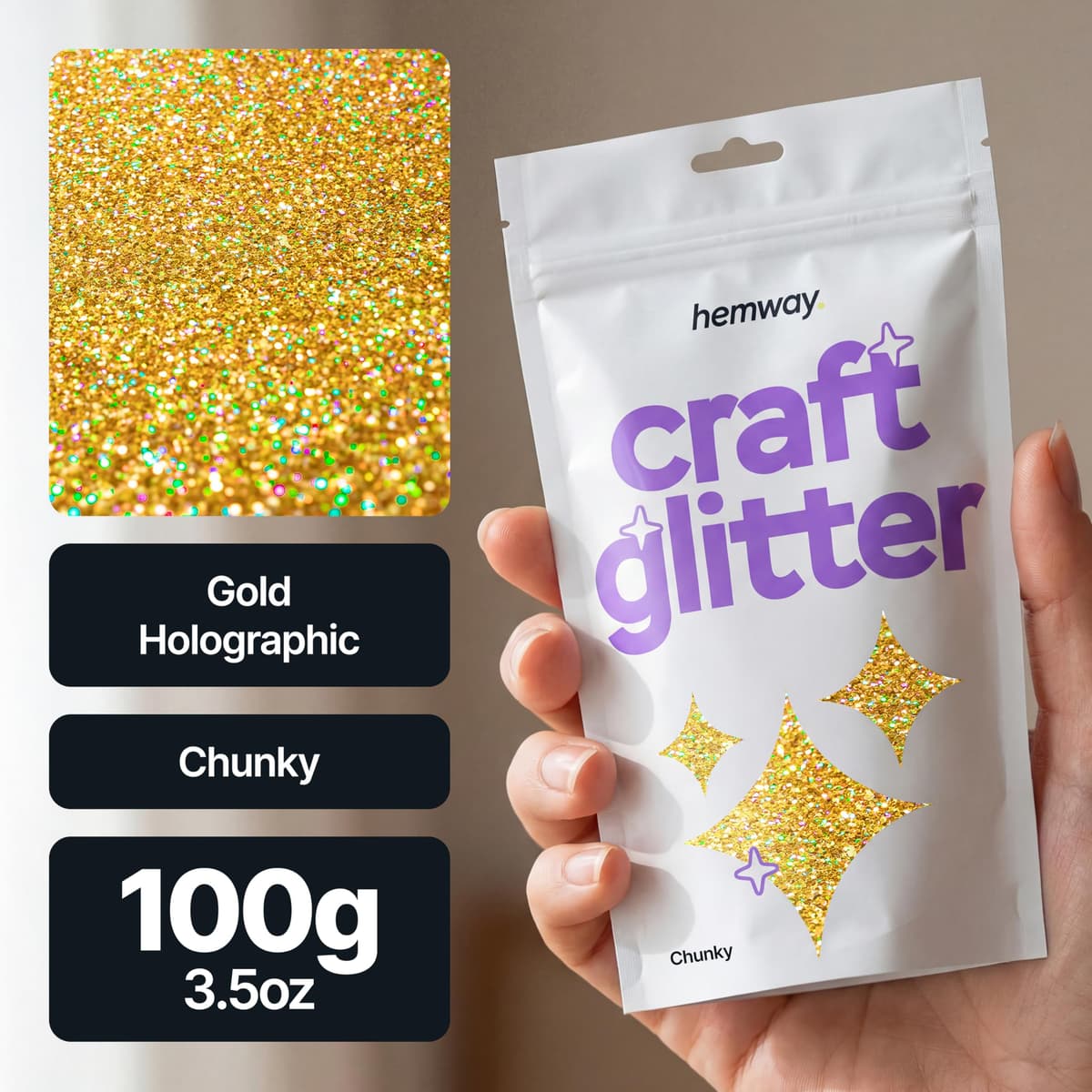 Hemway - Purpurina para manualidades, vasos, resina, epoxi, uñas, cera, álbumes de recortes, cristal, decoración de escuelas: dorado holográfico, gruesa (0,6 mm), 100 g — view 2