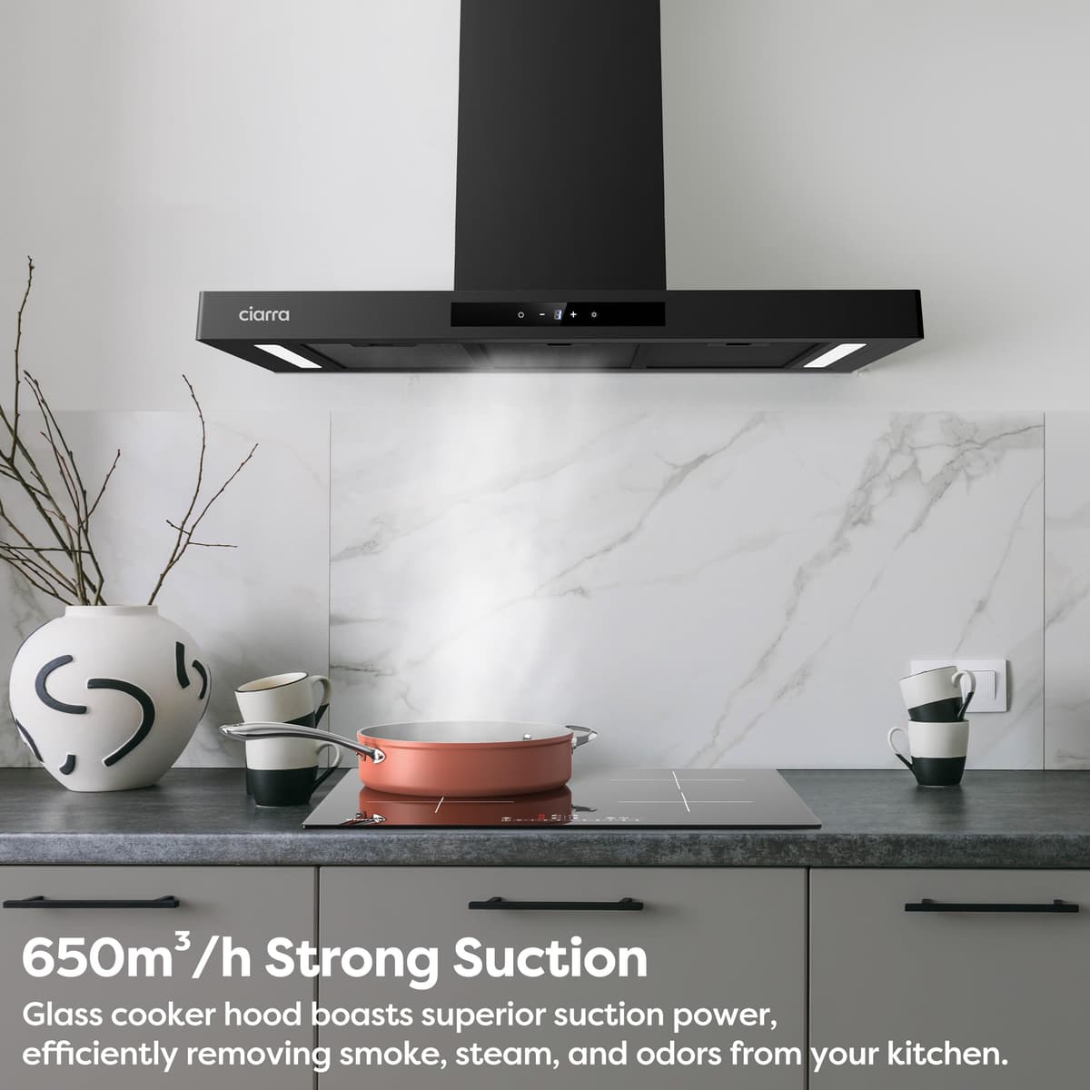 Ciarra 90cm Cooker Hood CBCB9102P Smart App WIFI Touch Control 650m³/h Recirculating&Ducting Wall Mount Hood Kitchen Extractor Fan 4-Speed with Booster Function Dimmable LED Lights — view 3