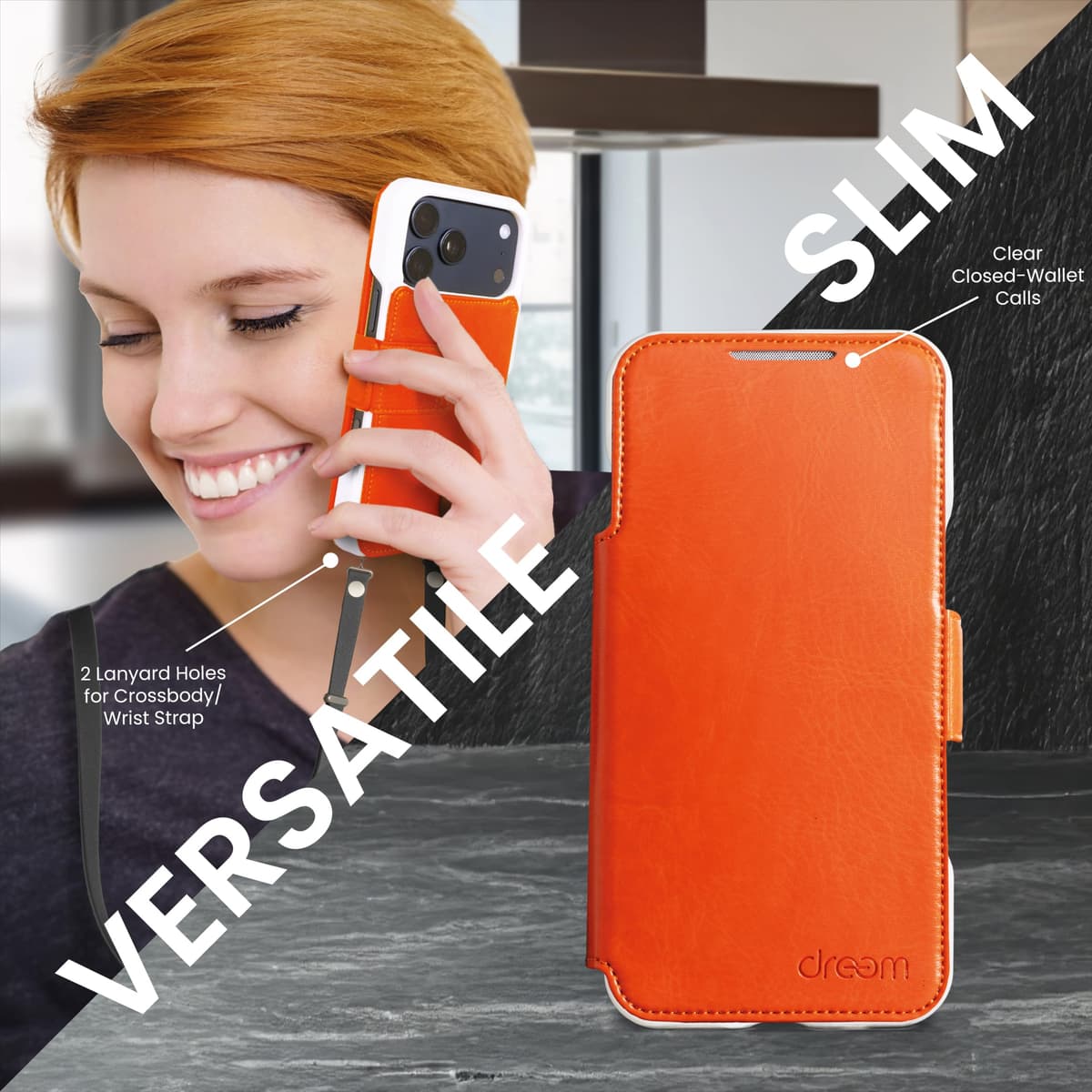 dreem Real Leather Wallet Case for iPhone 17 Pro Max, Revolutionary Vert/Hor Phone Stand, Magnetic Detachable Flip Cover RFID Blocking Card Holder, MagSafe-Fit, Gift Box [Fibonacci: Orange] — view 5