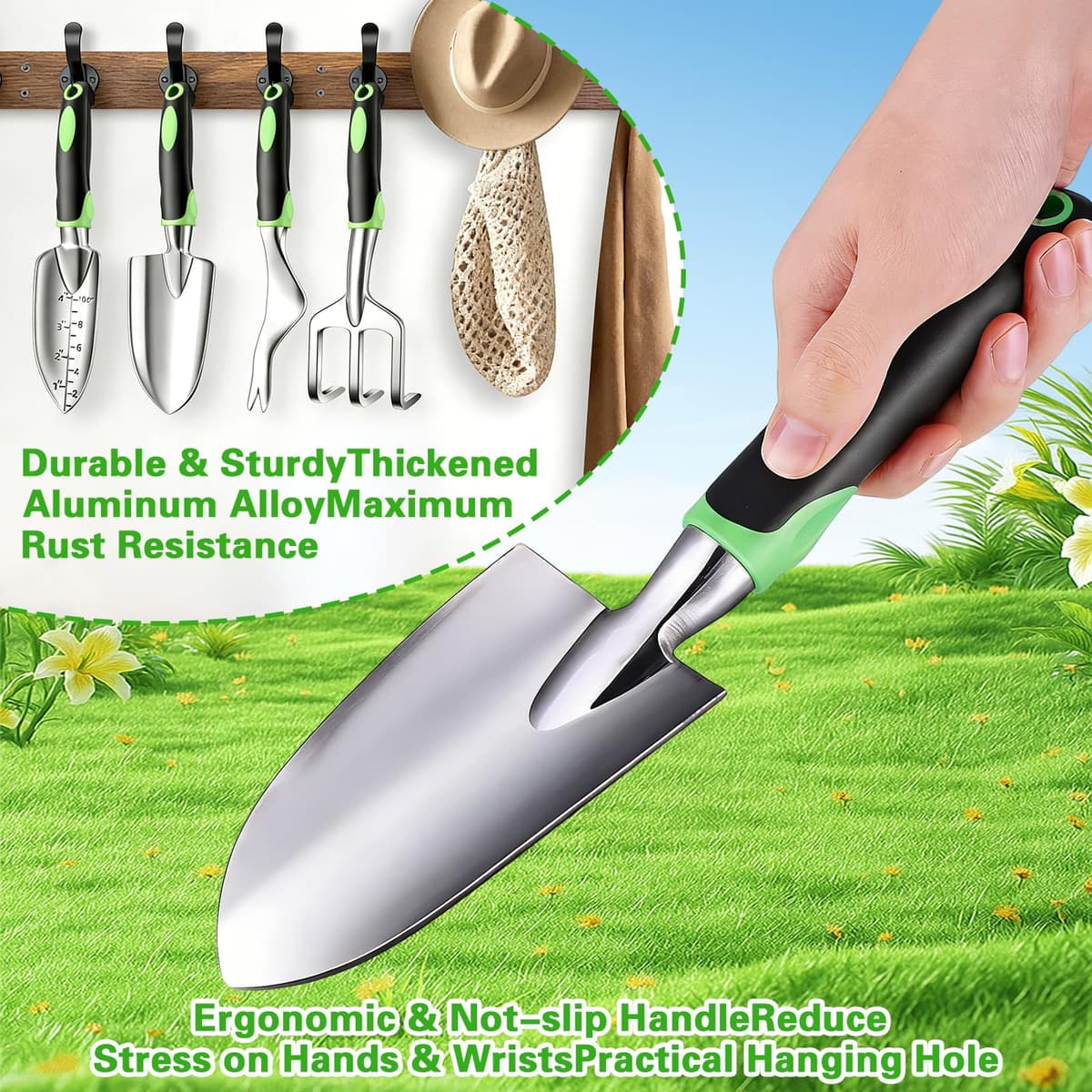 8 Piezas Kit Jardineria Aluminio y Acero Inoxidable,Juego de Herramientas de Jardineria Adultos con Guantes Alfombra para Trasplante y Bolsa Portátil Aficionados al Jardín — view 5