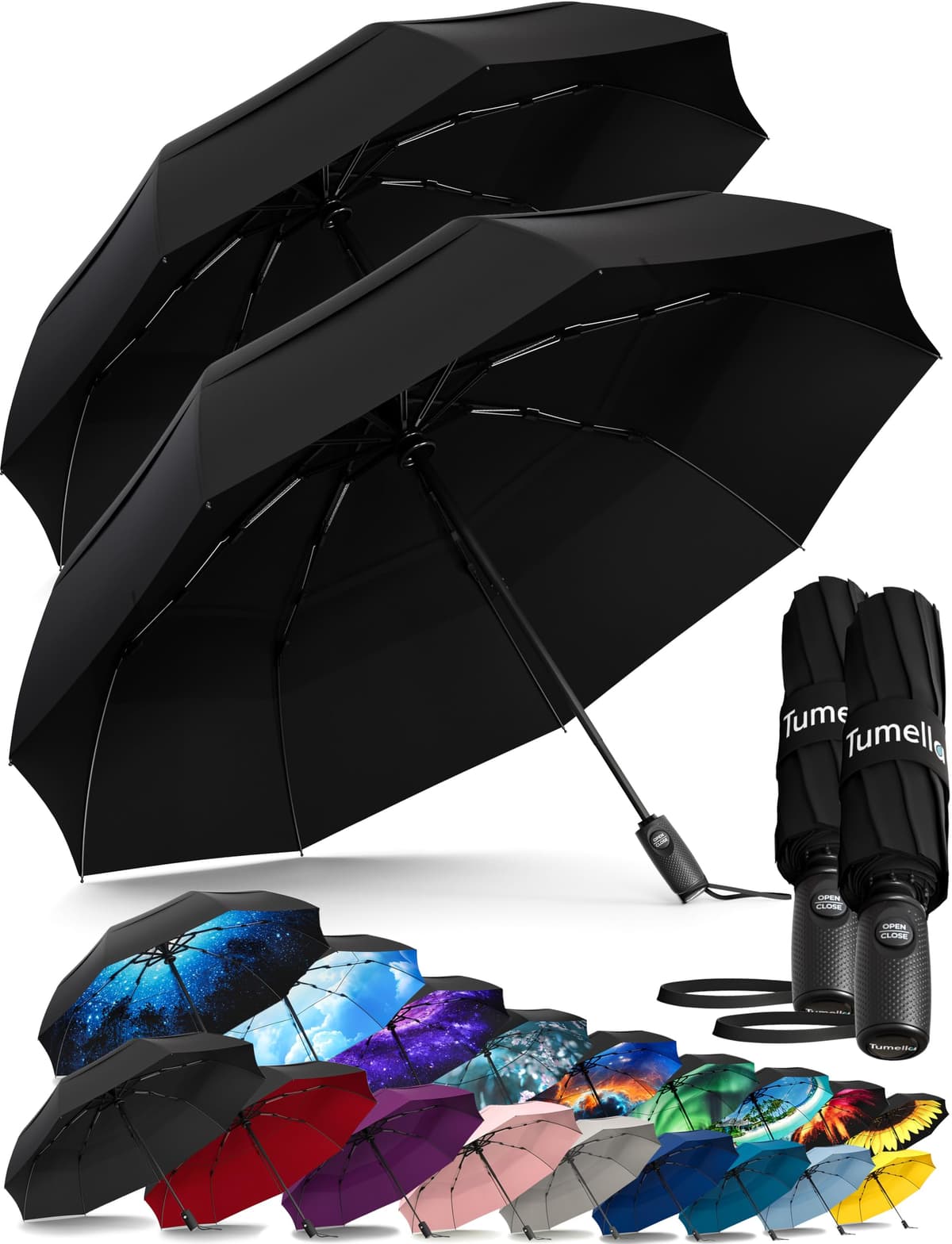 TUMELLA Strongest Windproof Travel Umbrella (Compact, Superior & Beautiful), Small Strong but Light Portable and Automatic Folding Rain Umbrella, Durable Premium Grip, Fits Car & Backpack Black — view 20