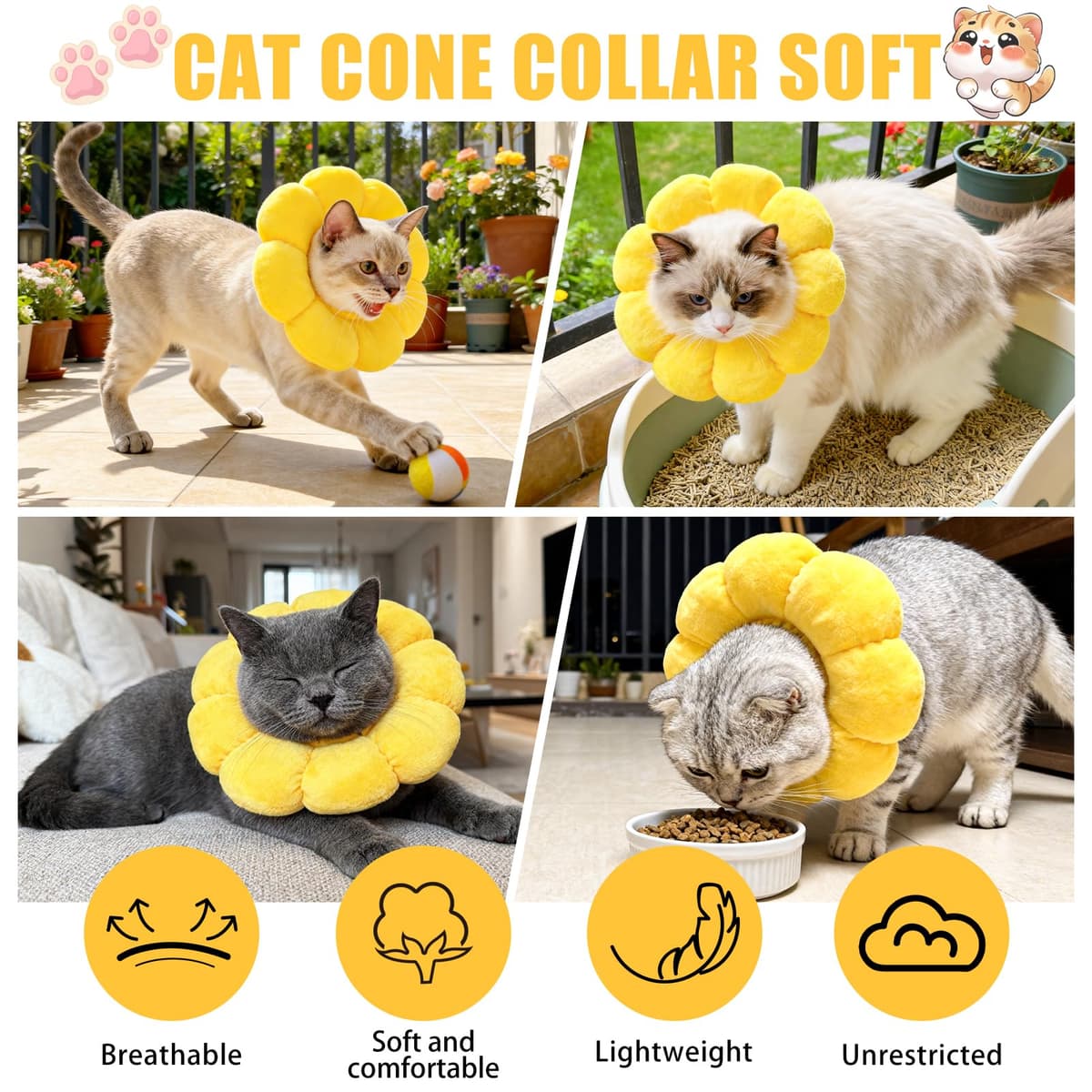 QKURT Collar de Recuperación para Gato, Collar Ajustable para Gatos Después de La Cirugía, Evitar Picaduras de y Arañazos Lesiones y Lamido, Forma de Flor — view 2