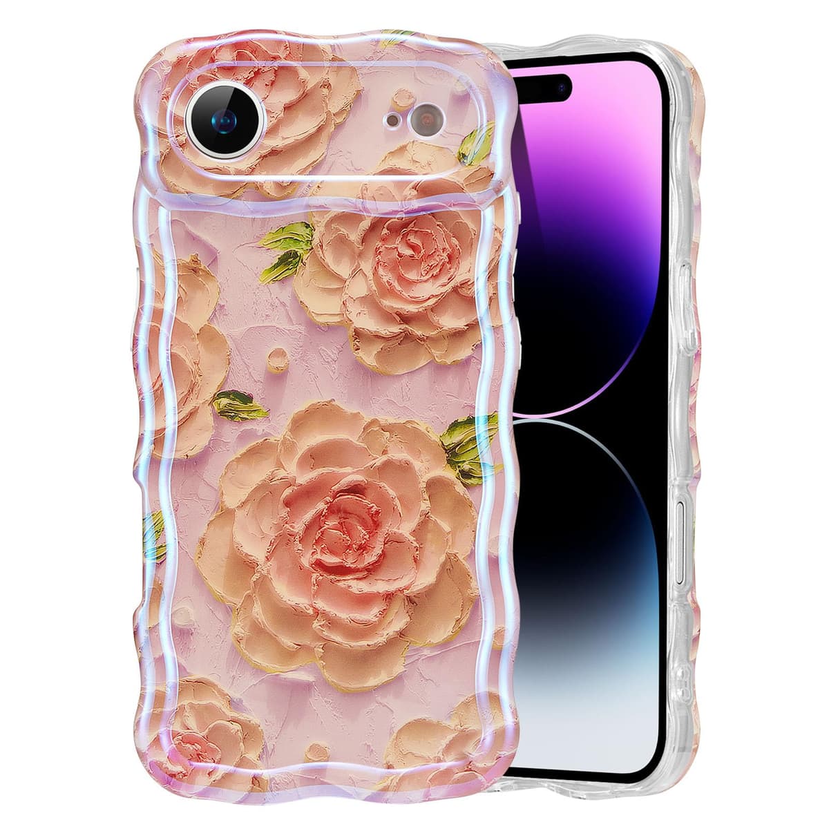 EYZUTAK Case for iPhone 16, Colorful Retro Oil Painting Printed Flower Laser Glossy Pattern Cute Curly Wave Edge Exquisite Phone Cover Stylish Durable TPU Protective Case for Girl Women-Green — view 40