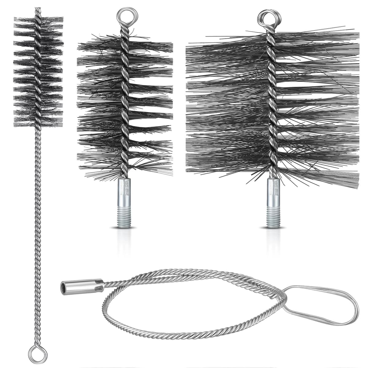 Sinmoe Juego de Cepillos para Tubos de Estufa 80 mm 150 mm Cepillo Caldera Alambre 4 cm Cepillo de Tubo de Alambre Longitud Total 30 cm Escoba para Chimenea con Varilla Flexible 100 cm