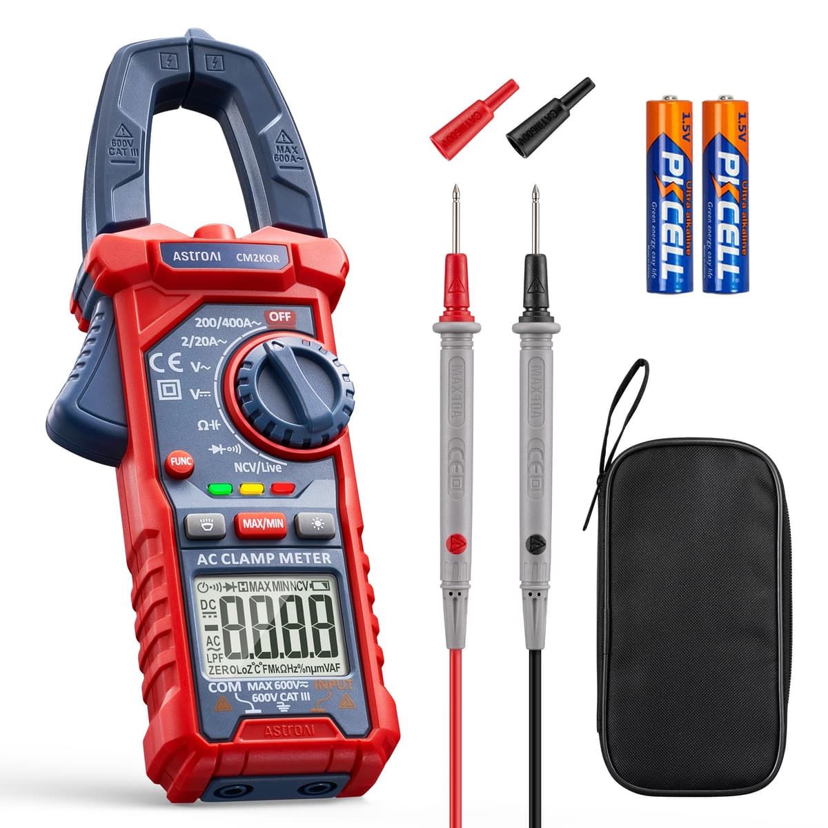 AstroAI Pinza Ampérimetrica, Multímetro Digital Profesional, Polímetro, Voltímetro, Tester para Corriente CA, Voltaje CA/CC, Resistencia, Frecuencia, Capacitancia, Continuidad, Diodos de Prueba