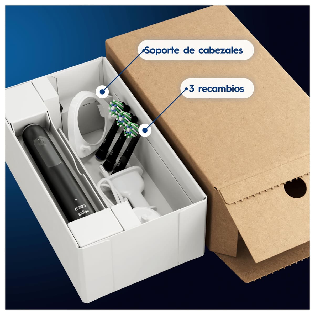 Oral-B Pro 3 Cepillo de Dientes Eléctrico Negro con Mango Recargable y 3 Cabezales, 3 Modos De Cepillado Con Modo Sensible, Temporizador, Diseñado por Braun, Regalos Originales para Mujer y Hombre — view 3