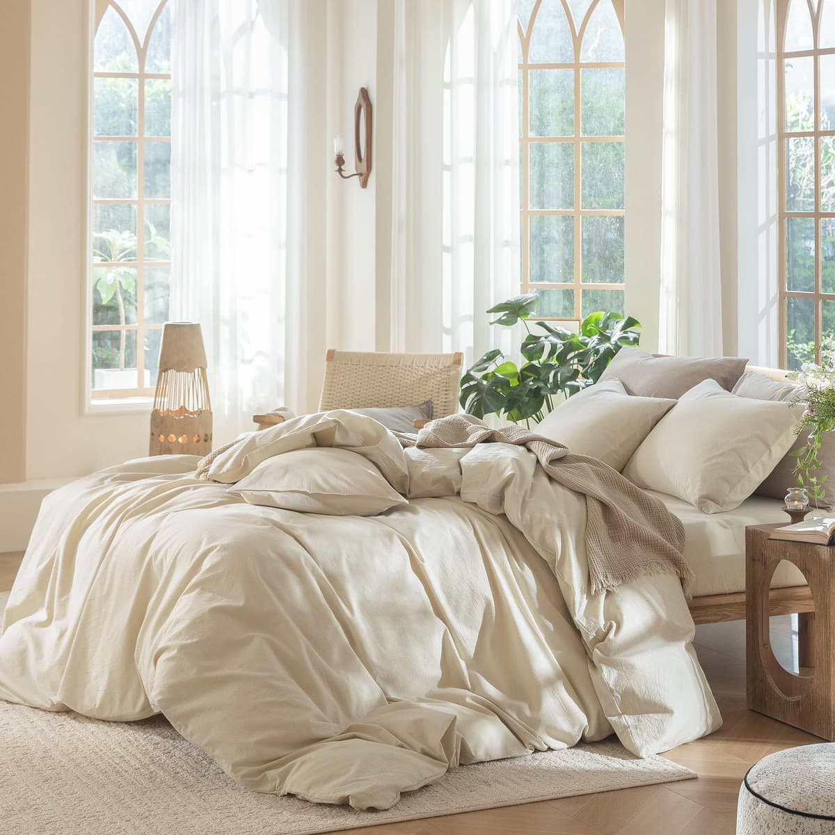 MooMee Bedding Duvet Cover Set 100% Washed Cotton Linen Like Textured Breathable Durable Soft Comfy (Tannish Linen Grey, King) — view 254
