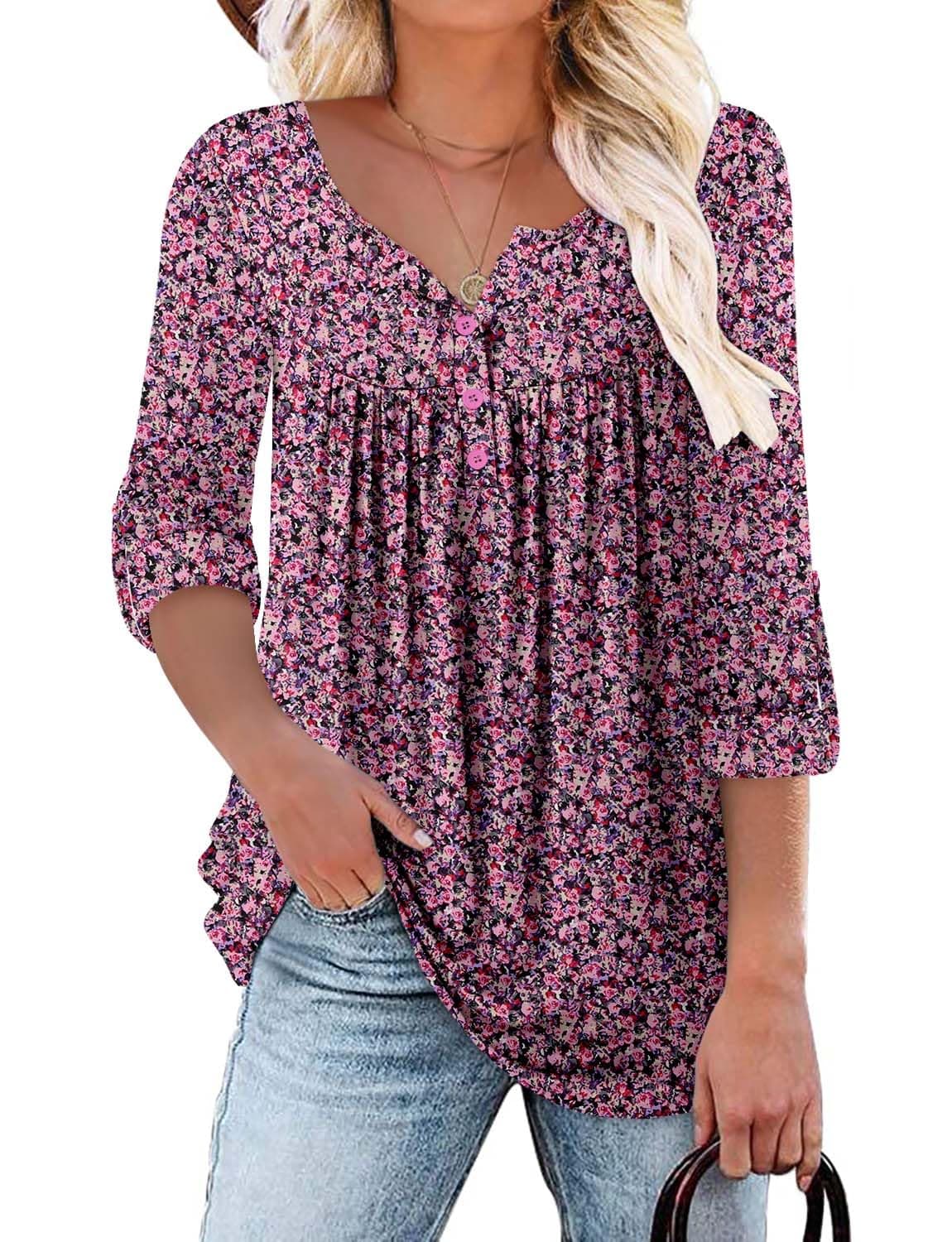 KISSMODA Ladies Pleated Tunic Tops for Women Buttons up Long Sleeve Shirts Floral Print — view 29