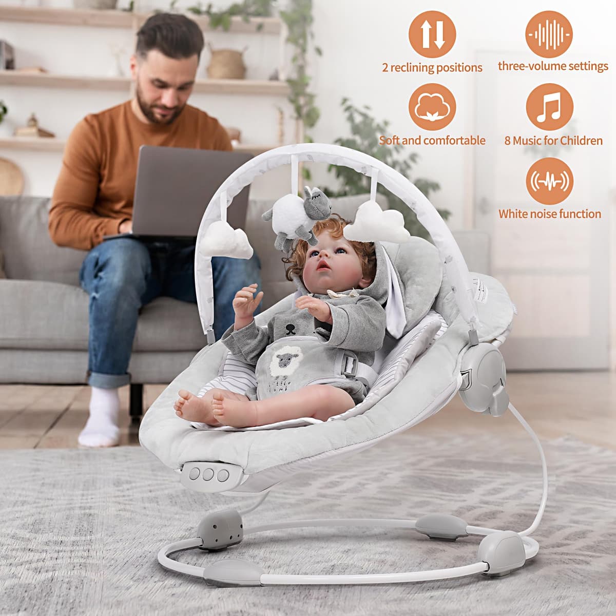 LADIDA Soft Padded Lamb Bouncer, Suitable for Newborns 0-6 Months, Soothing Music and Vibration — view 2