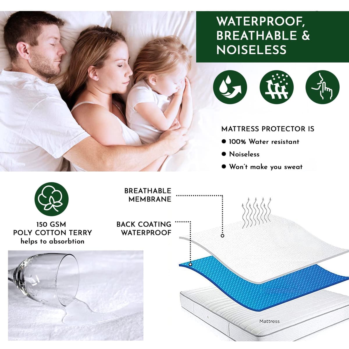 Caroline Shatuik 100% Waterproof Mattress Protector Double-30cm Extra Deep Stretch Skirt Non-Noisy Terry Top Fitted Mattress Protector Double Bed Cover(137x190cm) — view 3