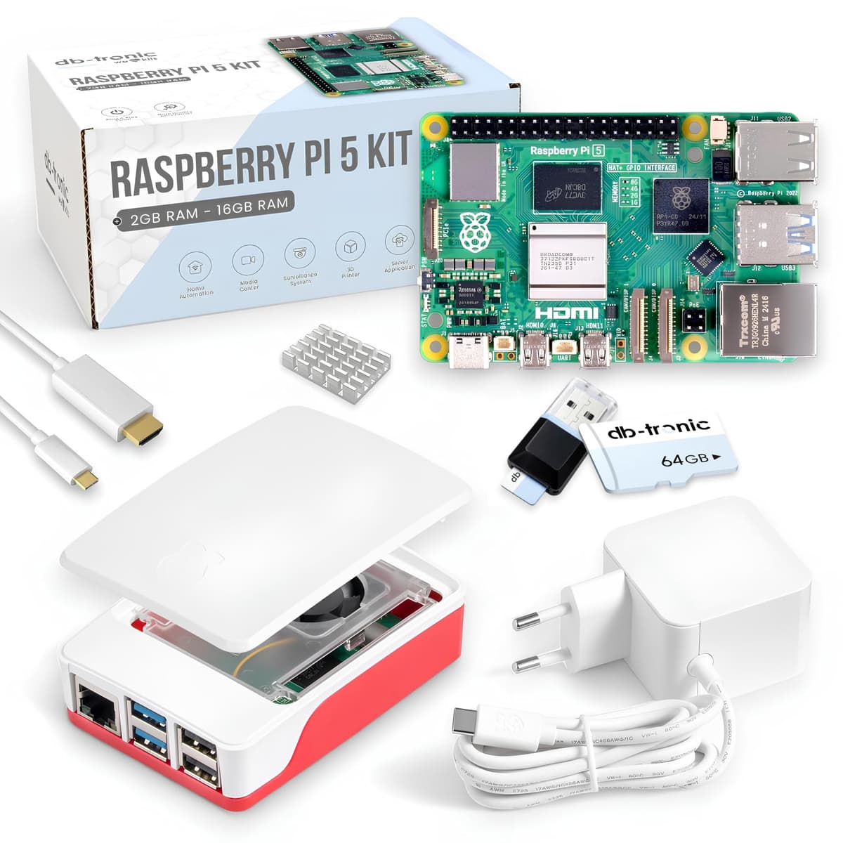 db-tronic Raspberry Pi 5 1 GB Starter Kit | Edición 64 GB | Alimentación 27 W | Carcasa con Ventilador | Micro HDMI 4K | Disipador | Ideal para Home Assistant y el Smart Home