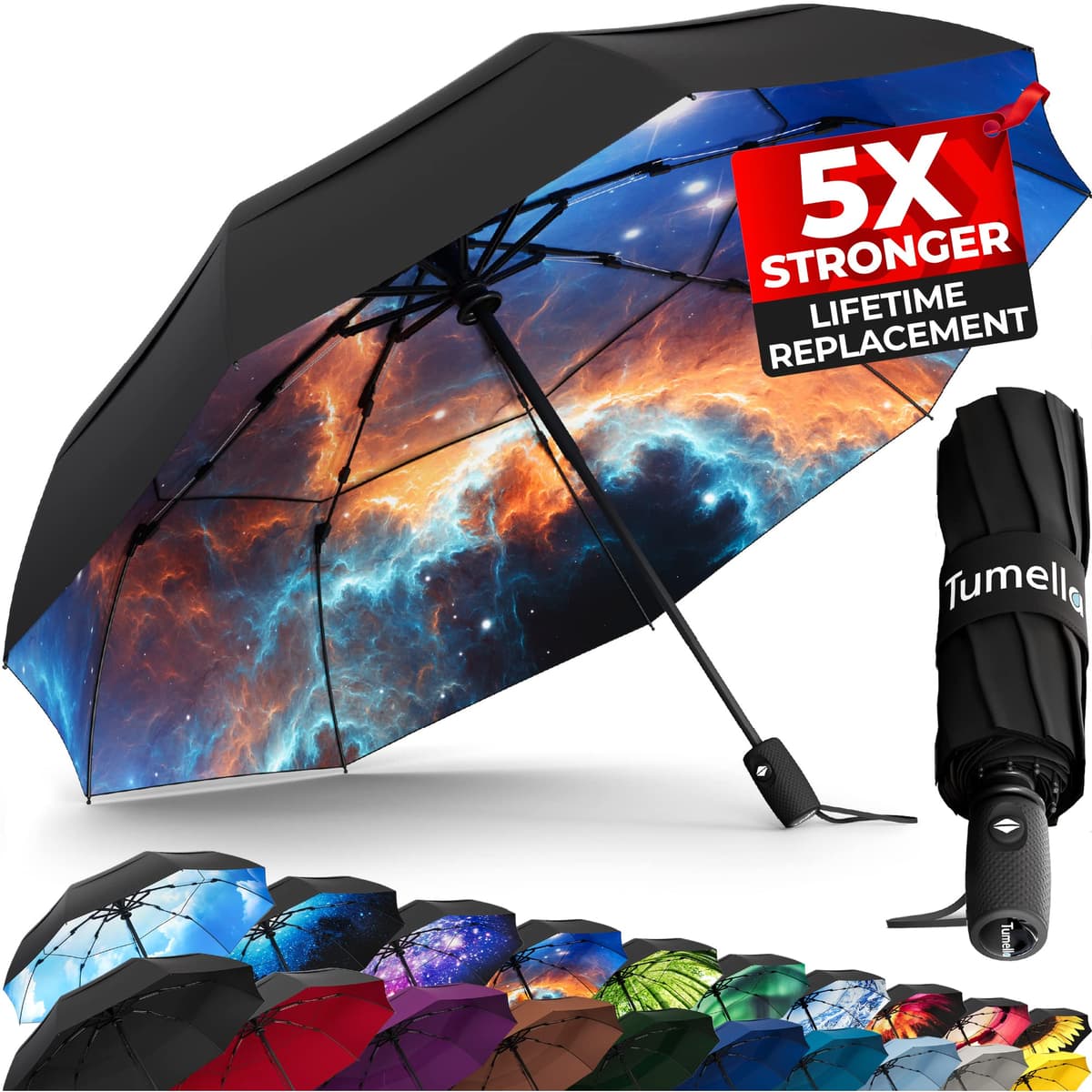 TUMELLA Strongest Windproof Travel Umbrella (Compact, Superior & Beautiful), Small Strong but Light Portable and Automatic Folding Rain Umbrella, Durable Premium Grip, Fits Car & Backpack Black — view 10