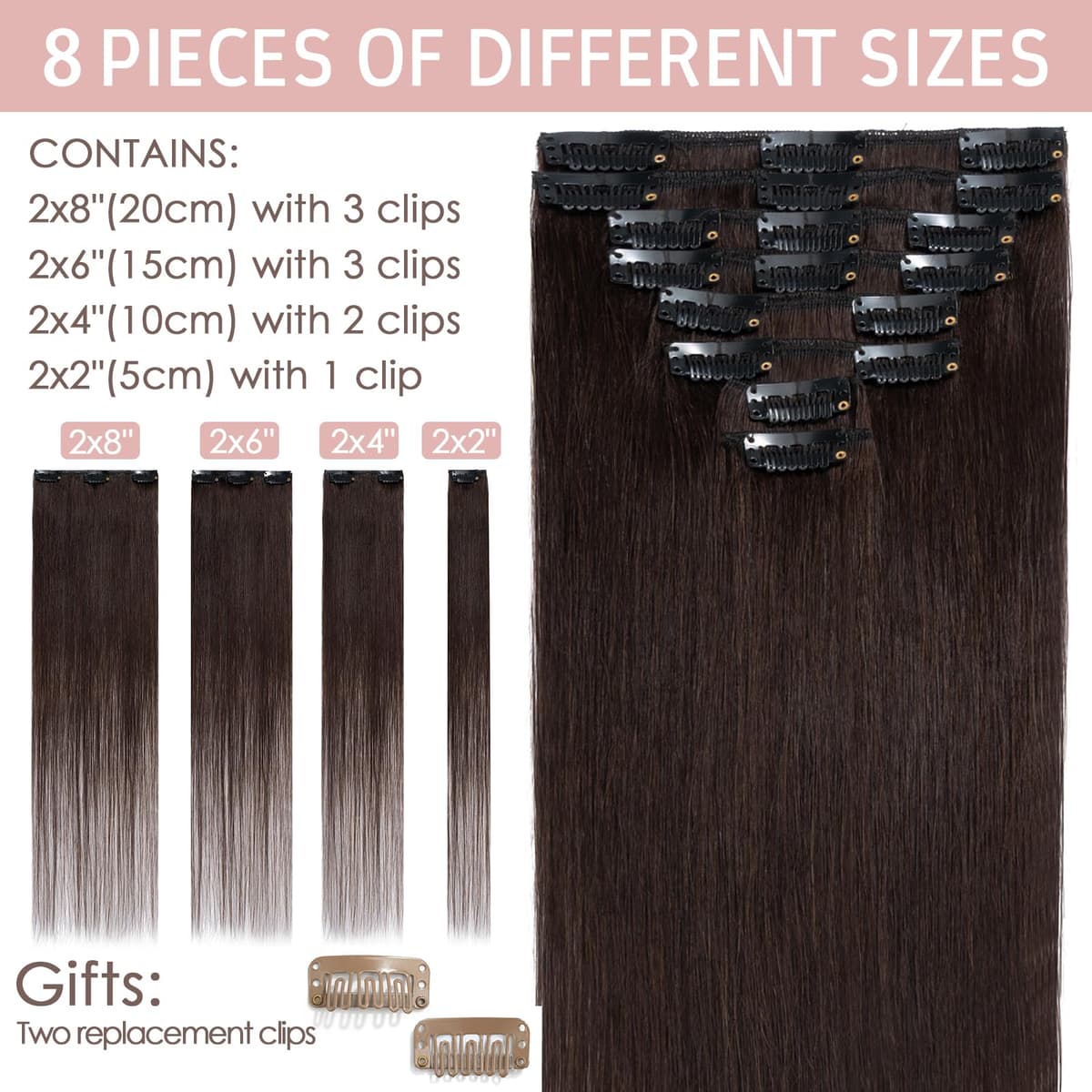 Silk-co 10inch Hair Extensions Clip in Hair Extension Human Hair #04 Medium Brown -Basic Thickness-Thin Weft- 8 Pieces Real Remy Straight Hair Extensions[50g] — view 174